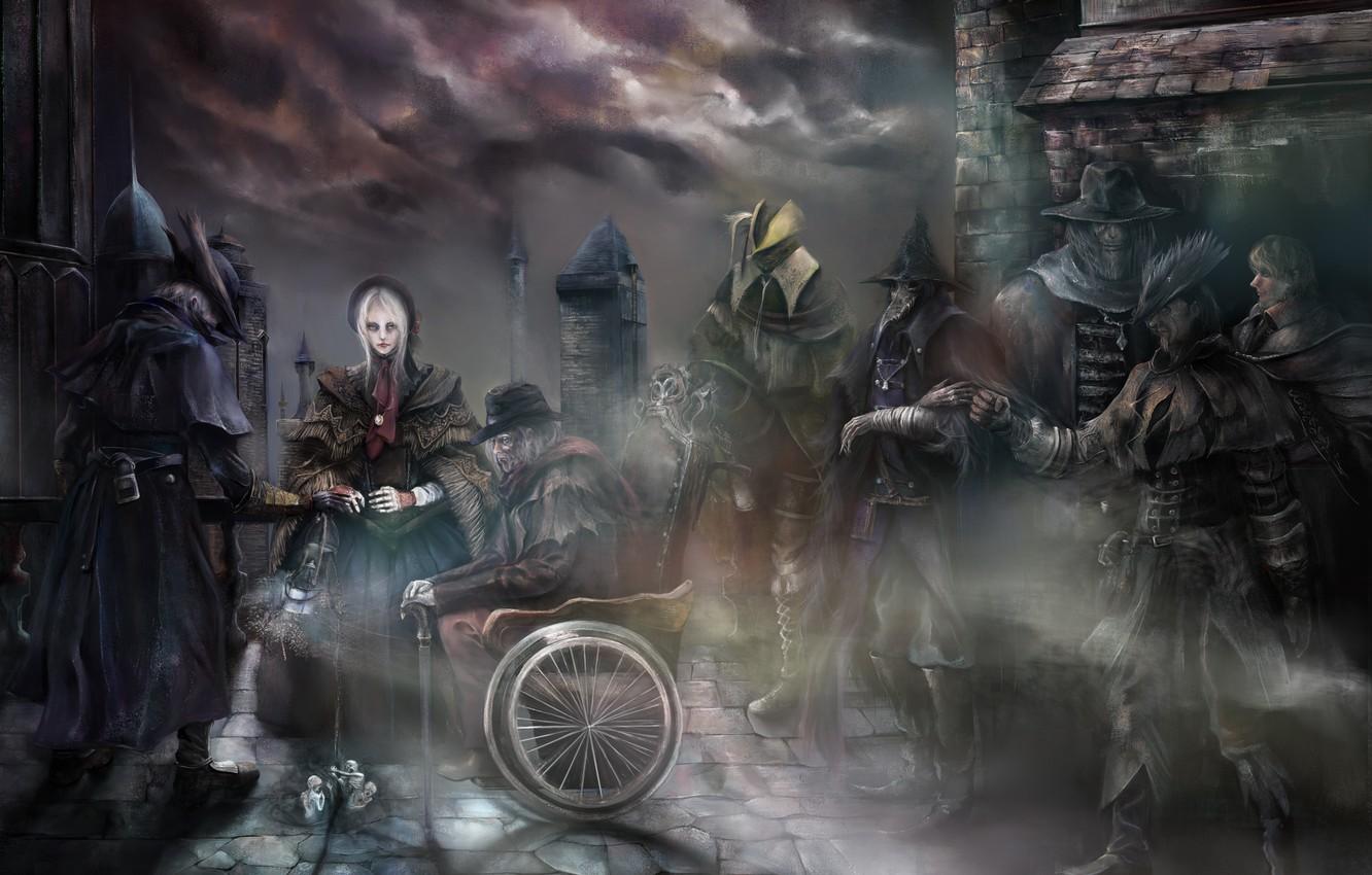 1332x850 Wallpaper girl, the city, smoke, Doll, monsters, male, Art, Hunter, Bloodborne: born of blood, Нunter, Рlain doll image for desktop, section игры