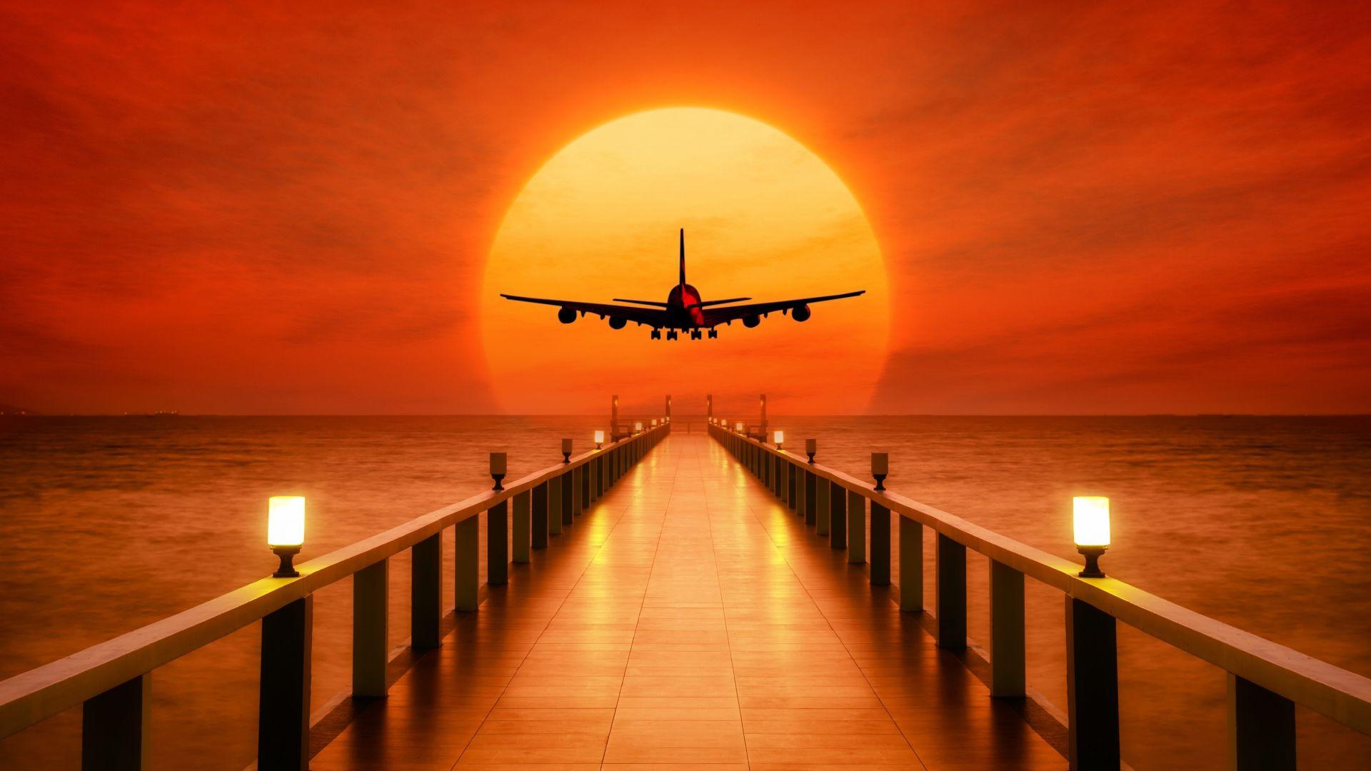 1920x1080 Desktop wallpaper airplane, photohop, pier, sunset, HD image, picture, background, 5caecb