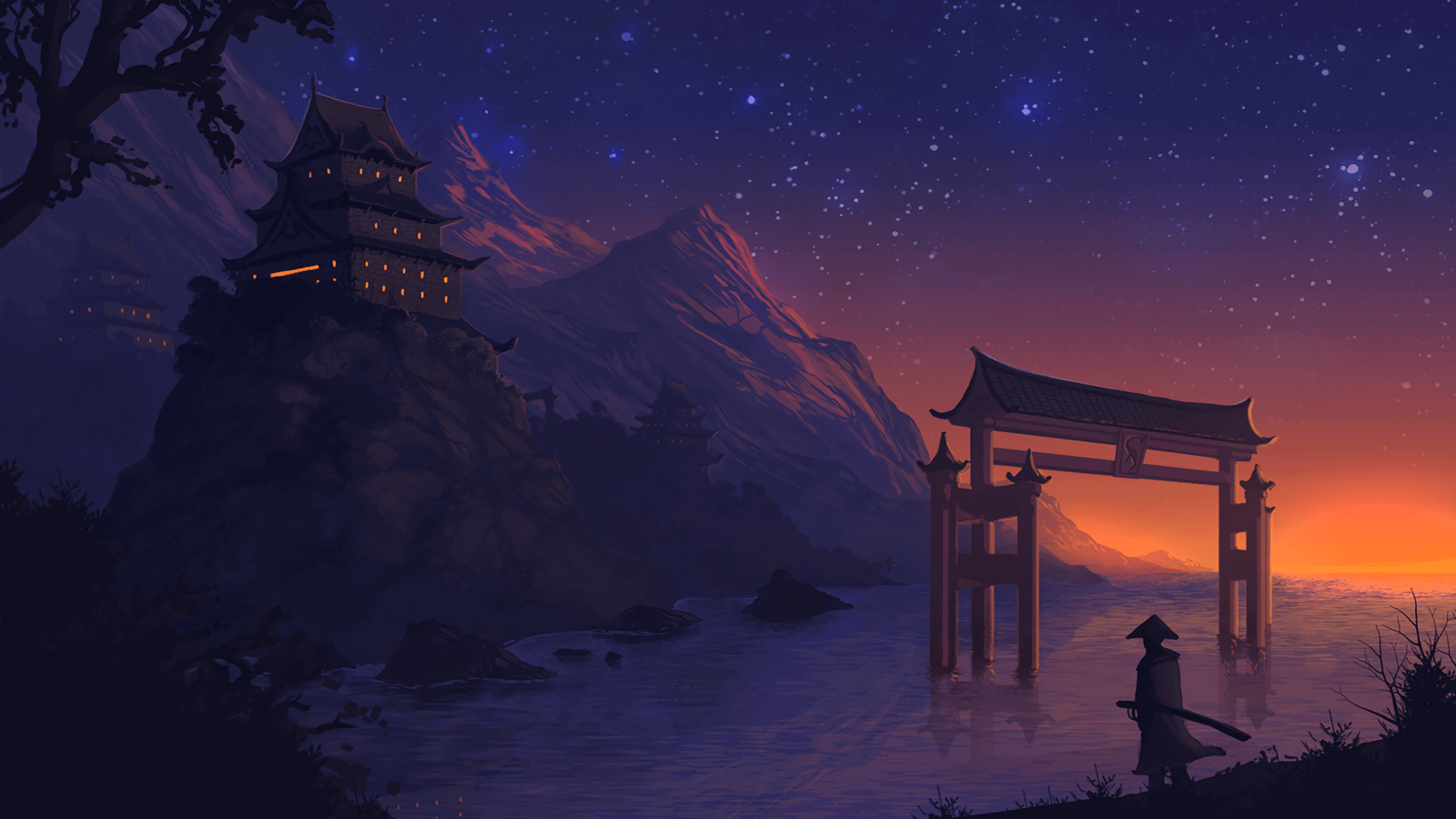 1600x900 landscape, digital art, fantasy art, sunset, night, anime, stars, evening, moonlight, atmosphere, Aurora, midnight, darkness, screenshot, computer wallpaper, geological phenomenon. Mocah HD Wallpaper