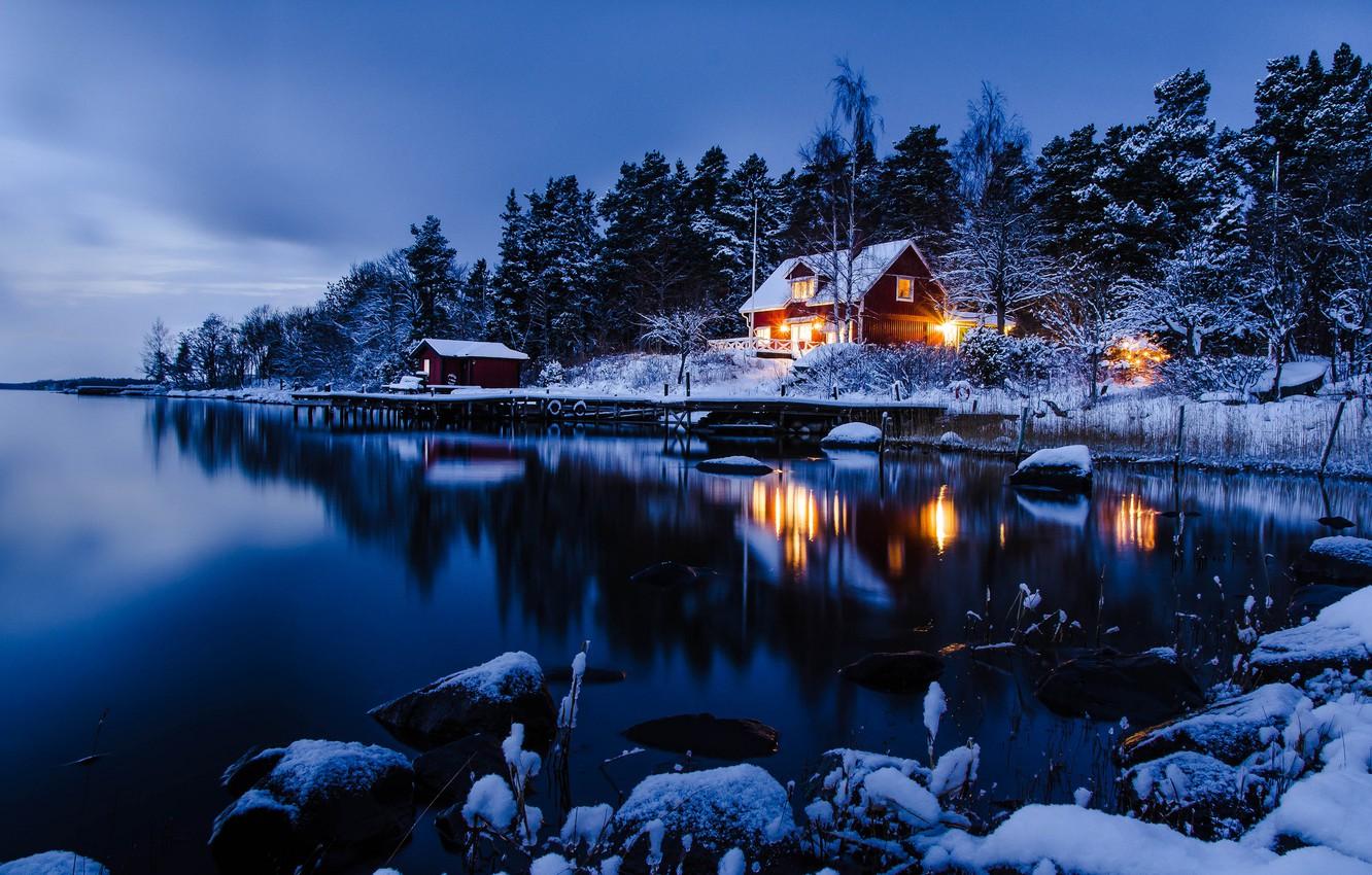 1332x850 Wallpaper winter, forest, water, snow, trees, night, house, reflection, the evening, Sweden, Stockholm image for desktop, section пейзажи