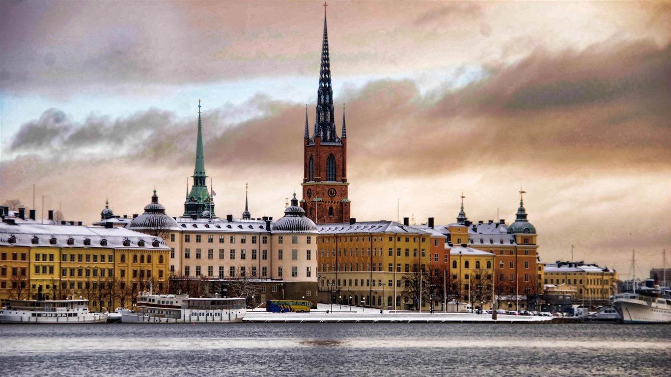 1366x768 City Snow Stockholm Sweden Landscape Photography HD Wallpaper