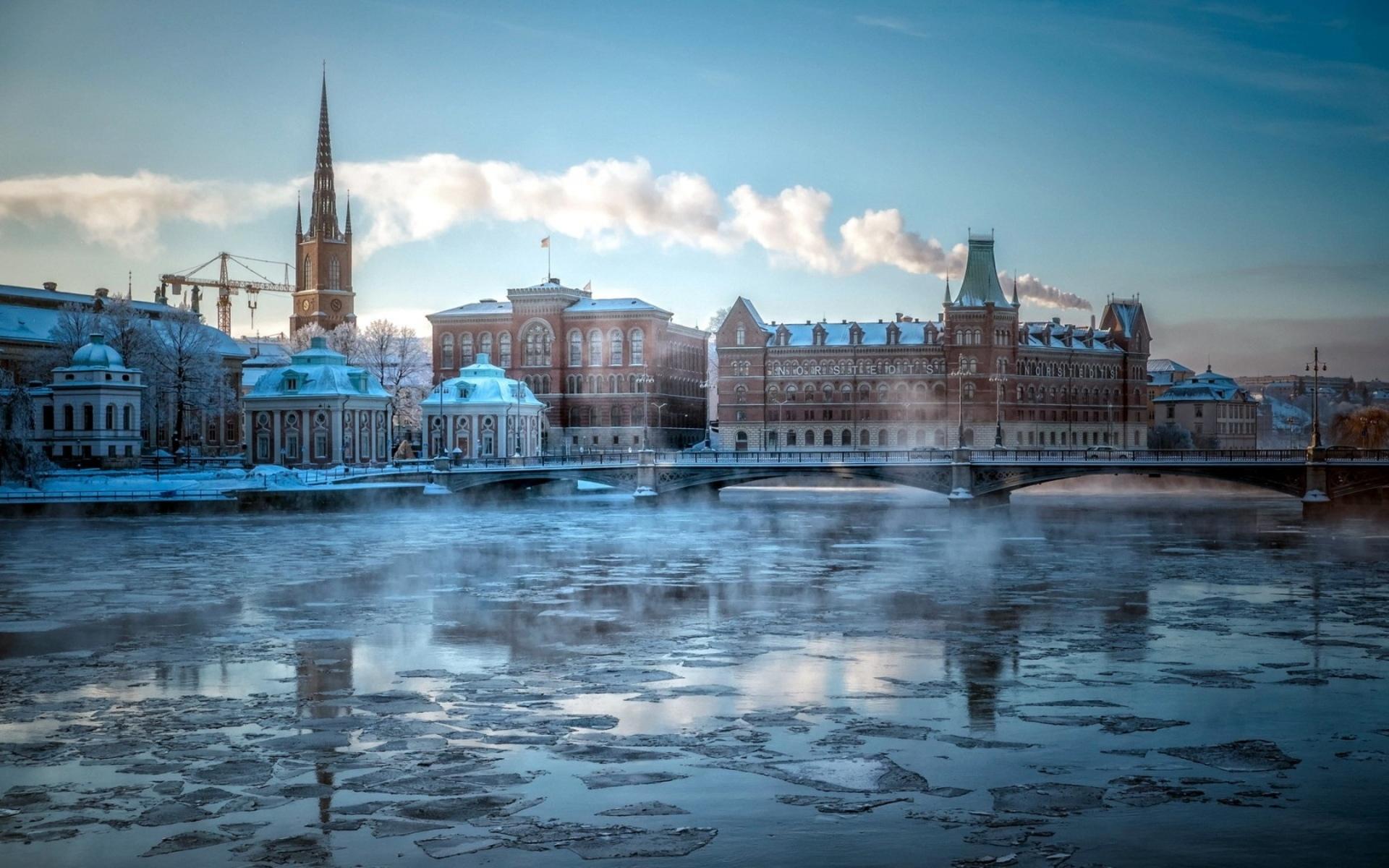1920x1200 riddarholmen, City, Stockholm, Cities, Buildings, Winter, Ice, Rivers, Bridge Wallpaper HD / Desktop and Mobile Background