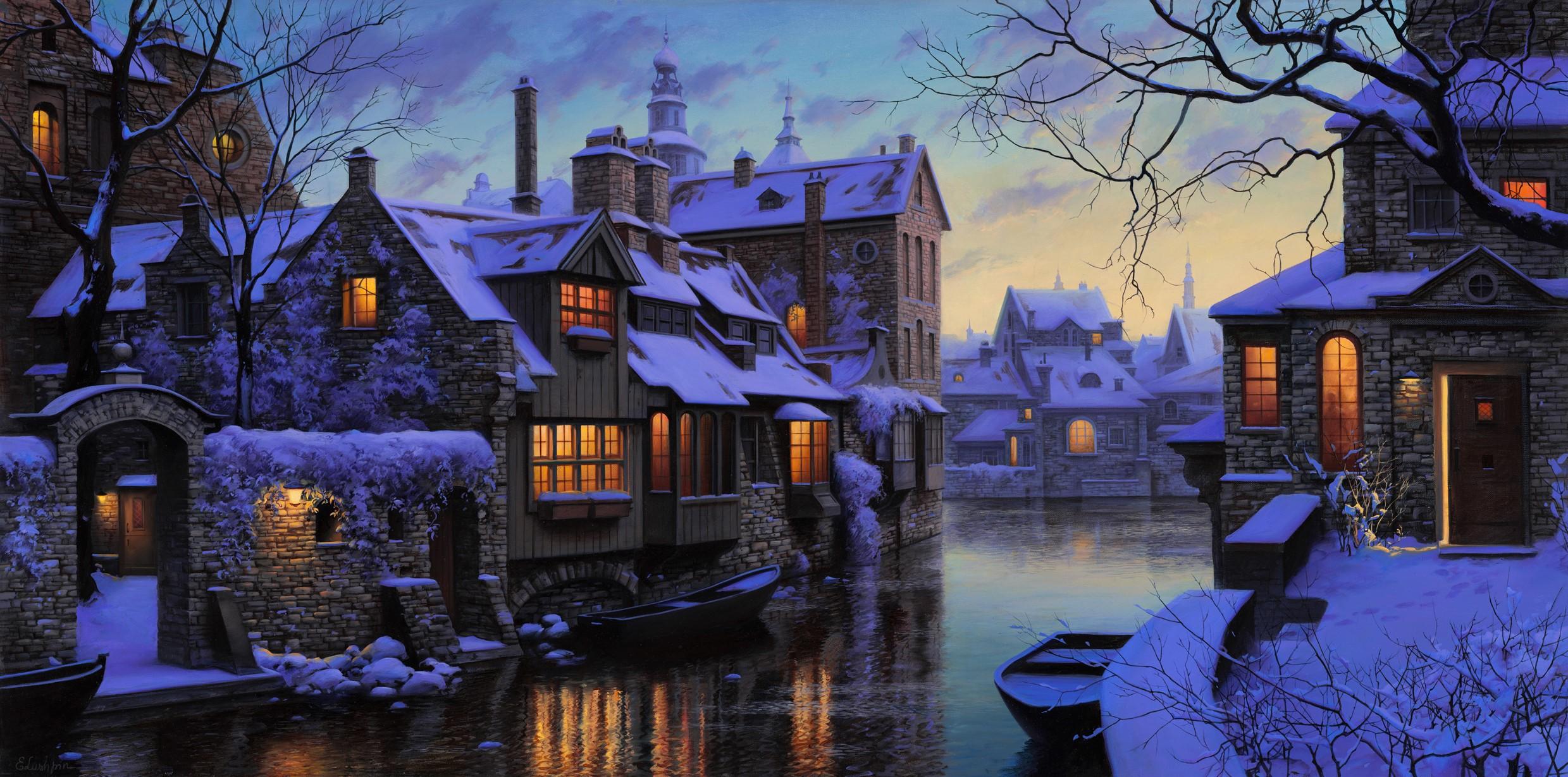 2479x1229 Wallpaper / city, house, boat, night, snow, trees, Stockholm, winter