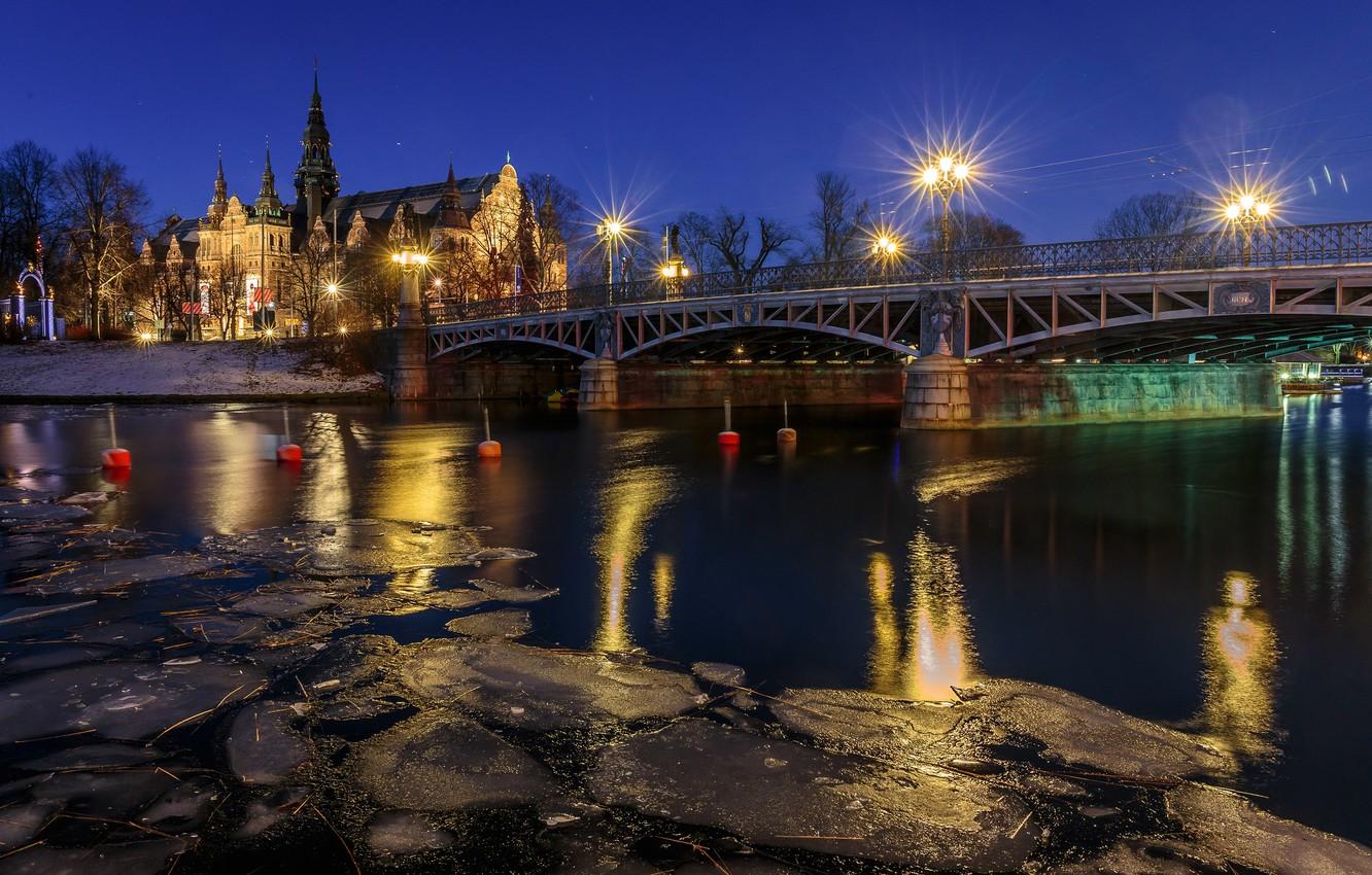 1332x850 Wallpaper water, snow, trees, night, bridge, lights, river, ice, lights, Stockholm, Sweden, Palace image for desktop, section город