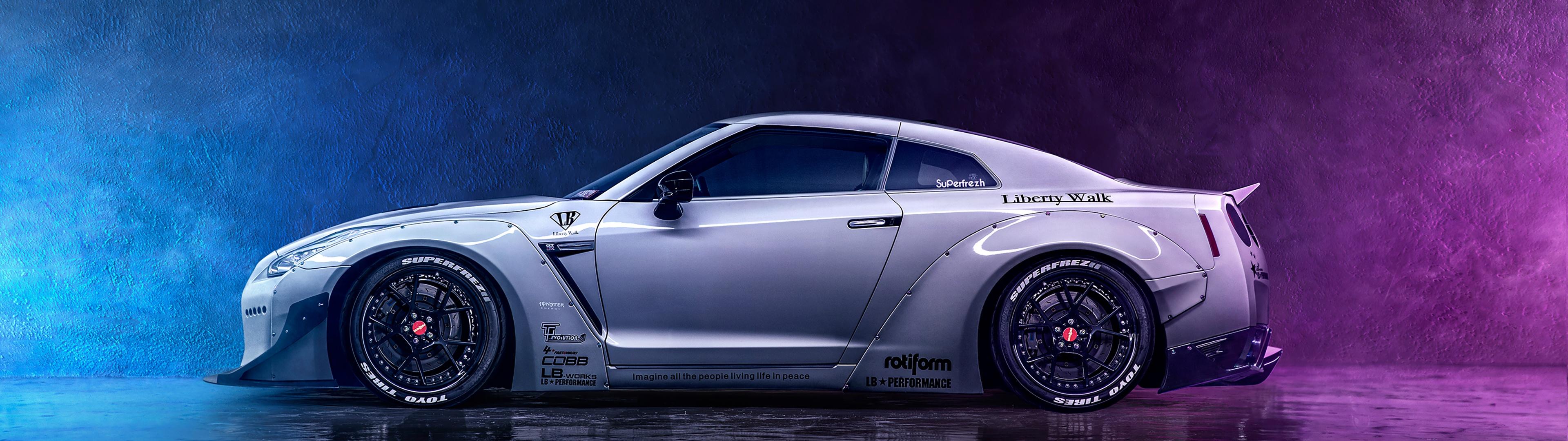 3840x1080 Nissan GT R Wallpaper 4K, Neon, Digital Art, Smoke, Dark Background, Cars