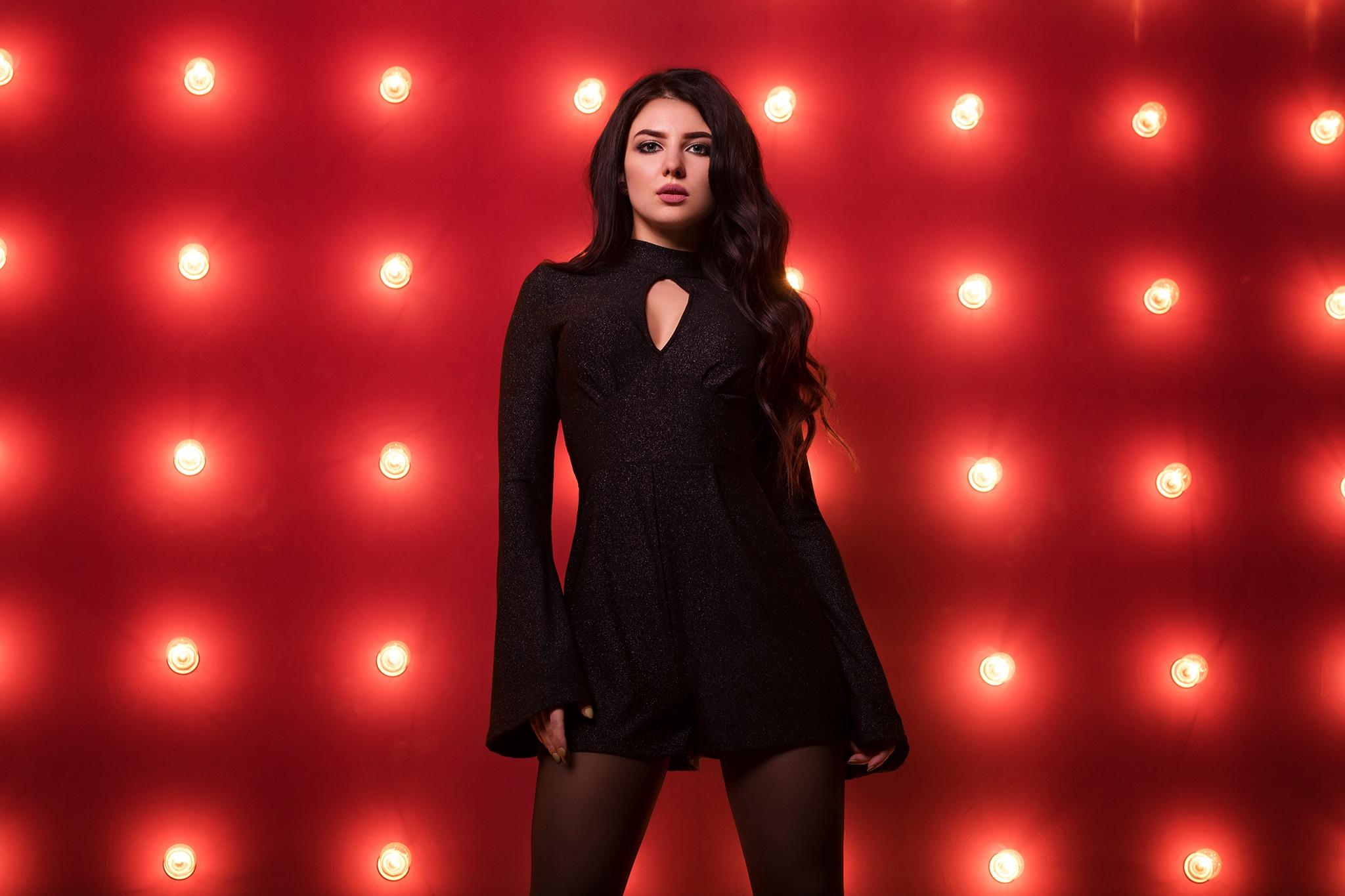 2048x1365 Girl In Black Dress Red Background, HD Girls, 4k Wallpaper, Image, Background, Photo and Picture
