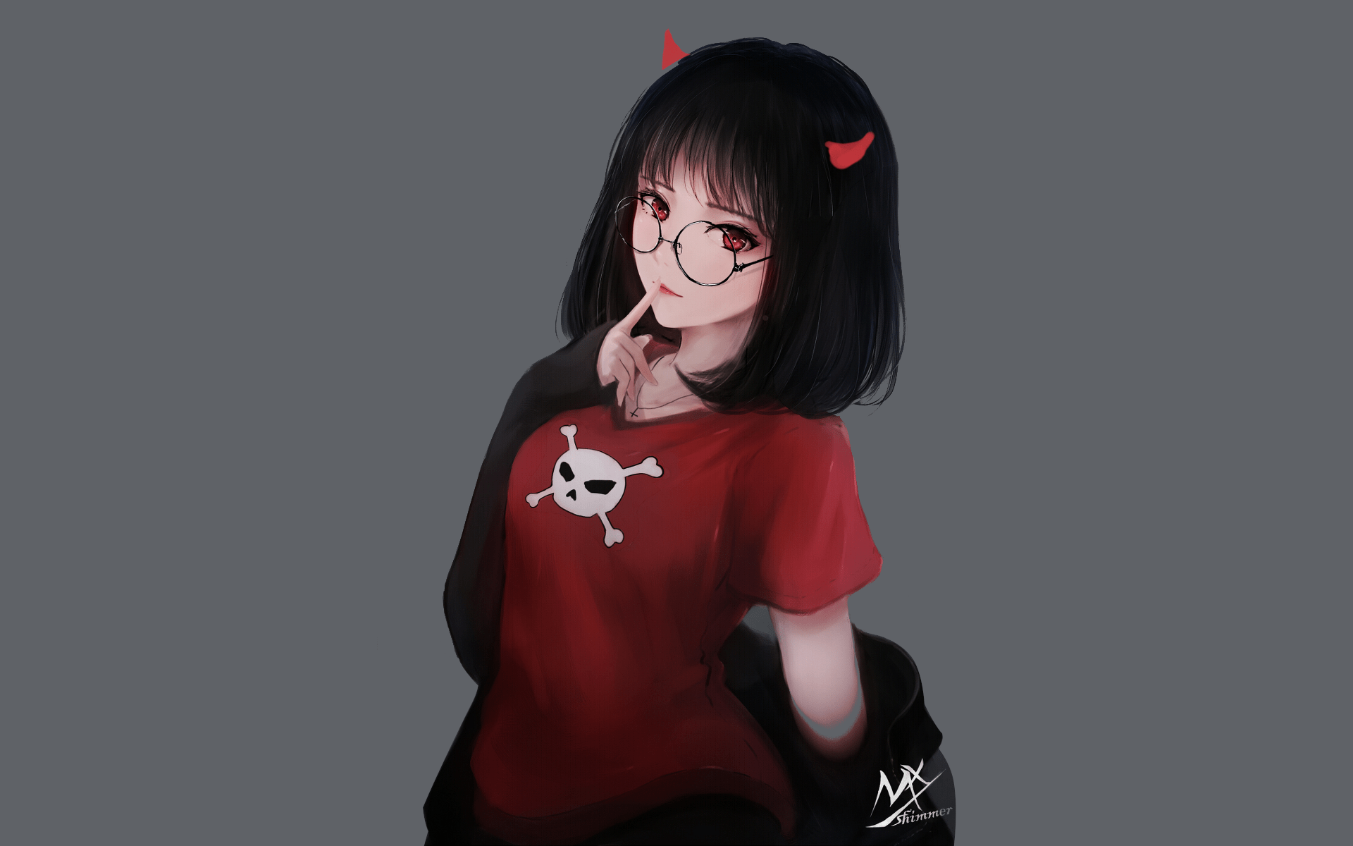 1920x1200 Glasses, Horns, Black Hair, Girl, Anime, Short Hair, Original (Anime), Red Eyes, Smile wallpaper. Mocah HD Wallpaper