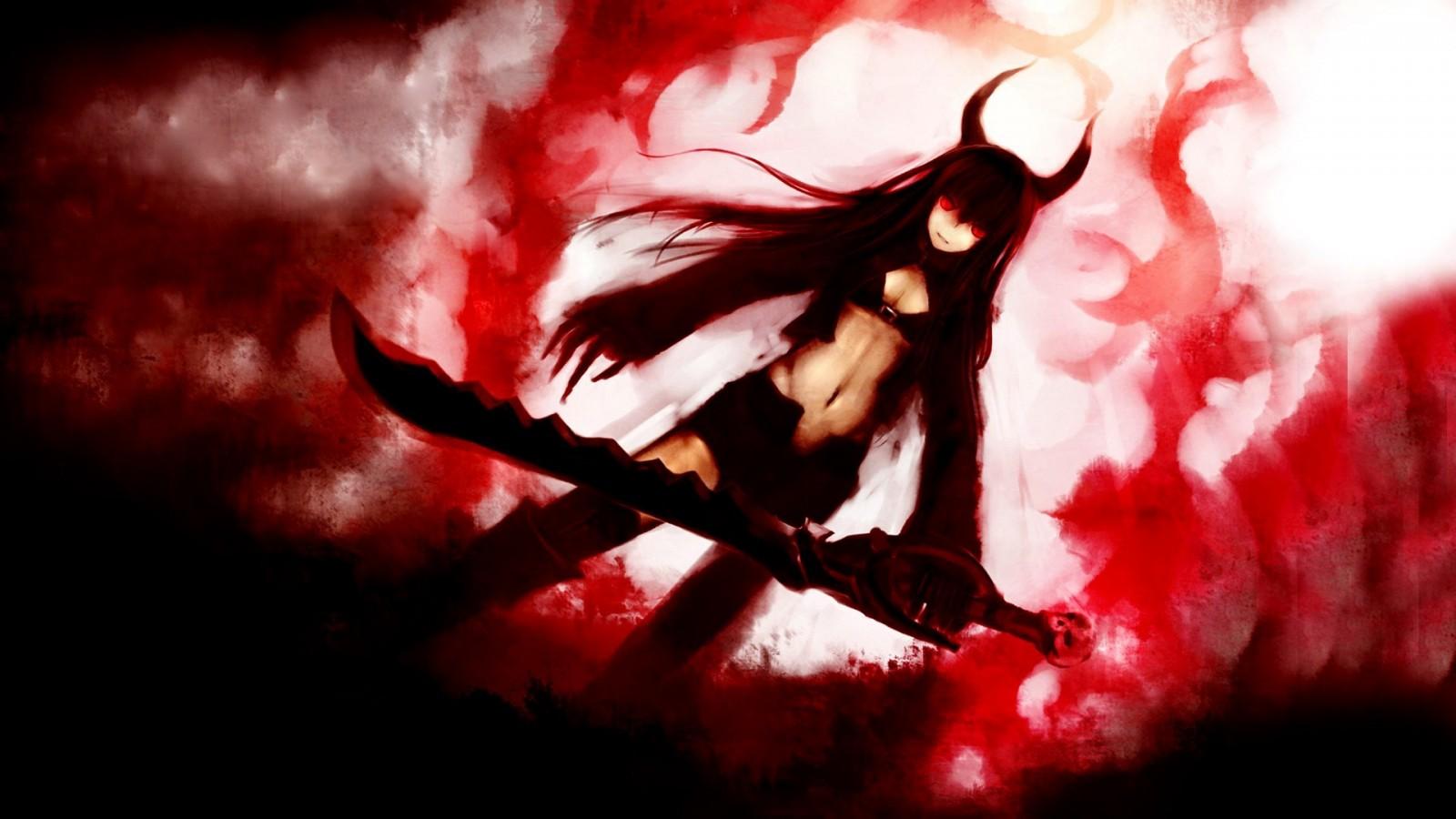 1600x900 anime girls, red, Black Rock Shooter, Black Gold Saw, darkness, computer wallpaper, fictional character, geological phenomenon. Mocah HD Wallpaper