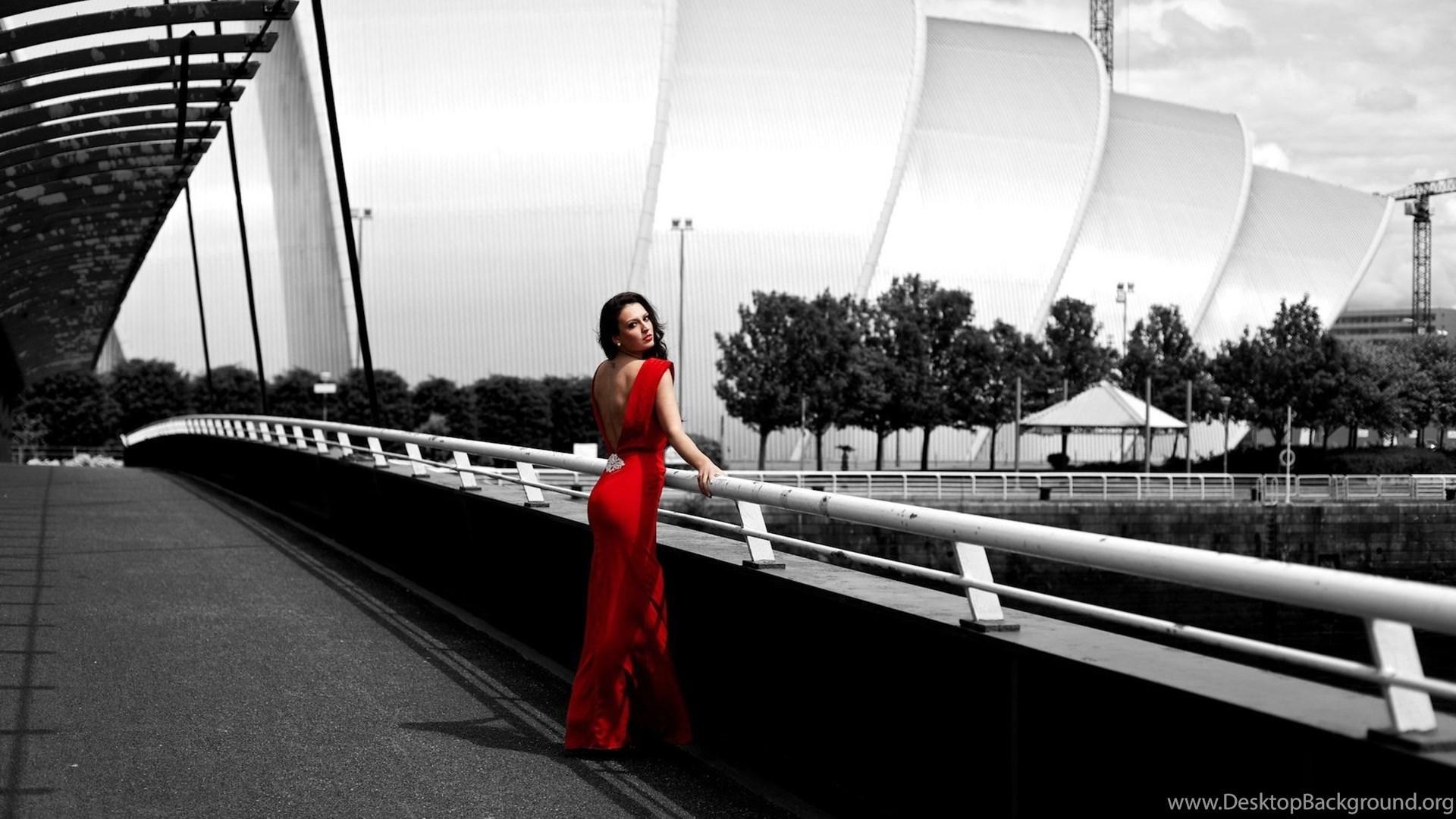 1920x1080 Girl Brunette Dress Red Black And White Posture Street Wallpaper. Desktop Background