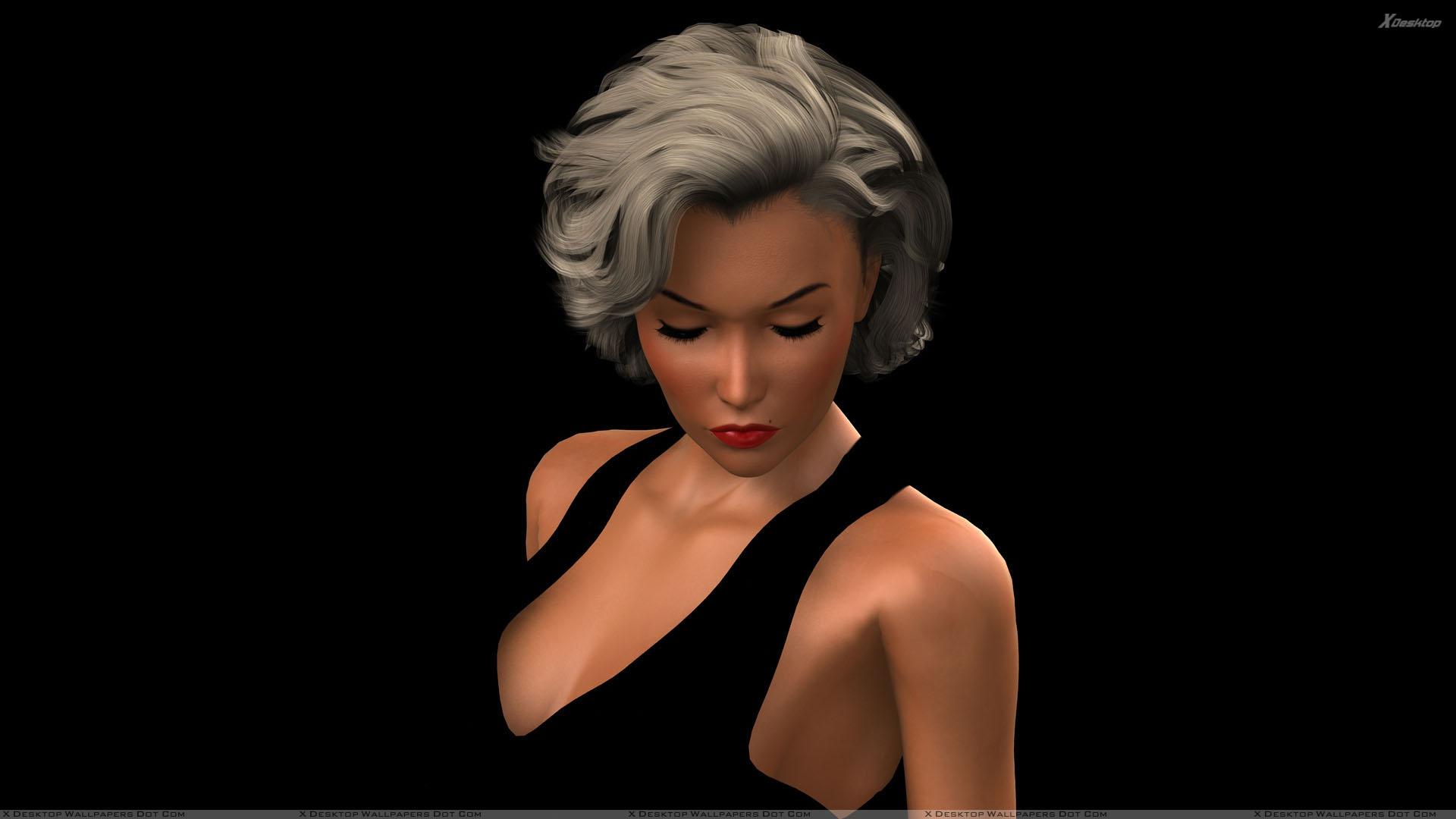 1920x1080 3D Girl In Red Lips And Eyes Closed With Black Background Wallpaper