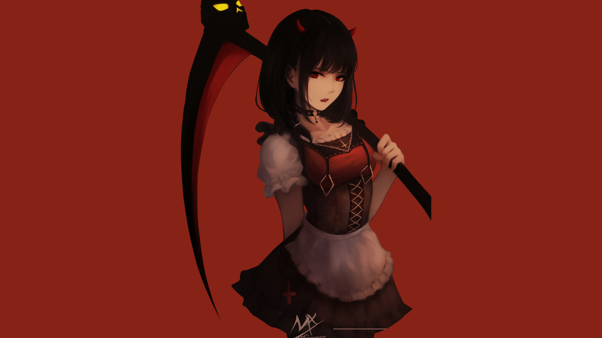 1920x1080 Download 1920x1080 Anime Girl, Scythe, Black Hair, Red Eye Wallpaper for Widescreen