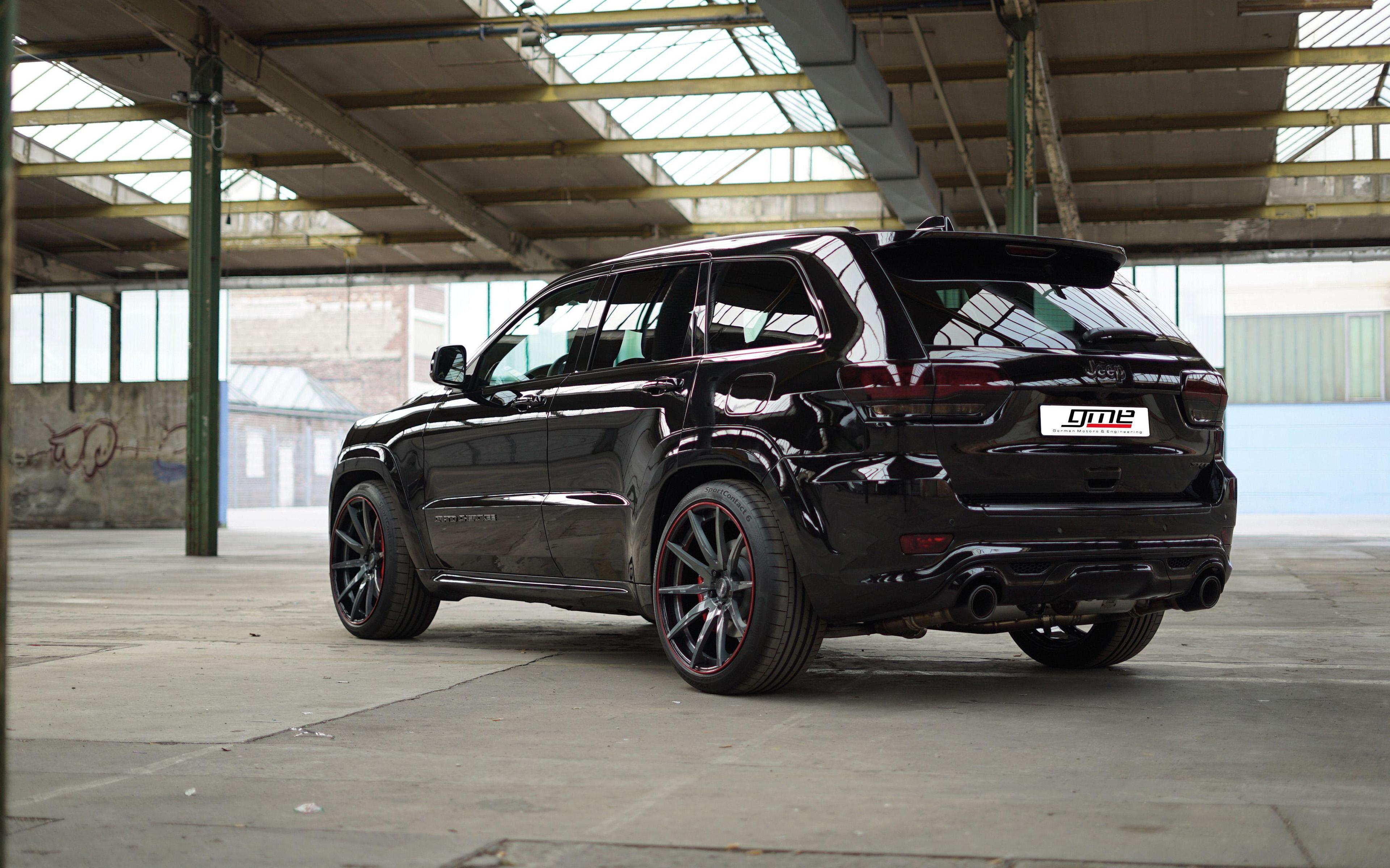 3840x2400 Download wallpaper Jeep Grand Cherokee SRT, 4k, black SUV, tuning Cherokee, rear view, exterior, black wheels with red outgrowth, new black Grand Cherokee, American cars, GME Performance, Jeep for desktop with