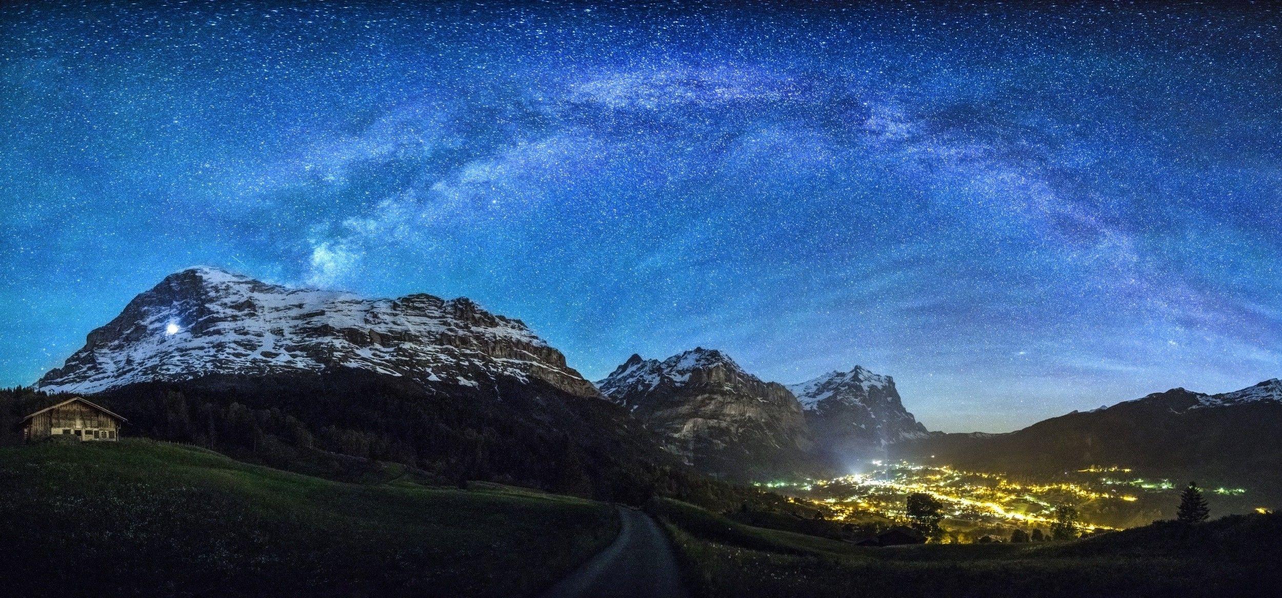 2500x1167 nature, Landscape, Mountain, Stars, Panoramas, Road, Milky Way