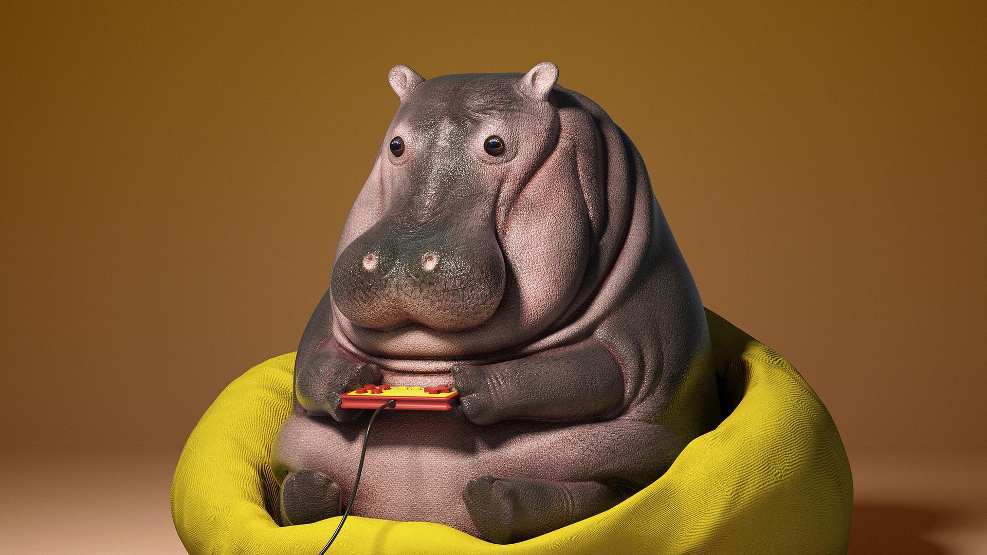 1920x1080 Wallpaper Hippo, Joystick, Art, Funny, 3D
