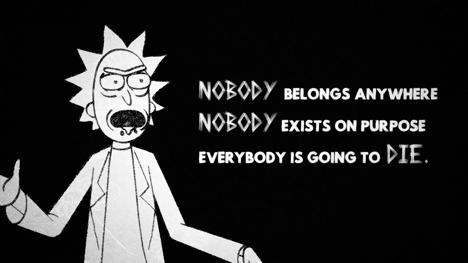 1600x900 illustration, quote, humor, cartoon, fan art, Rick and Morty, brand, monochrome photography. Mocah HD Wallpaper
