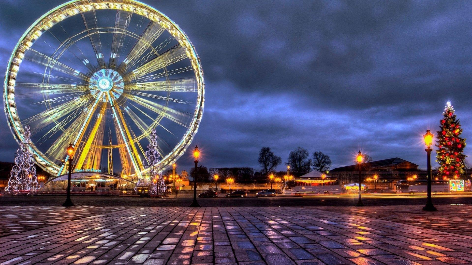 1920x1080 Wallpaper christmas, cityscape, paris, france, ferris wheel