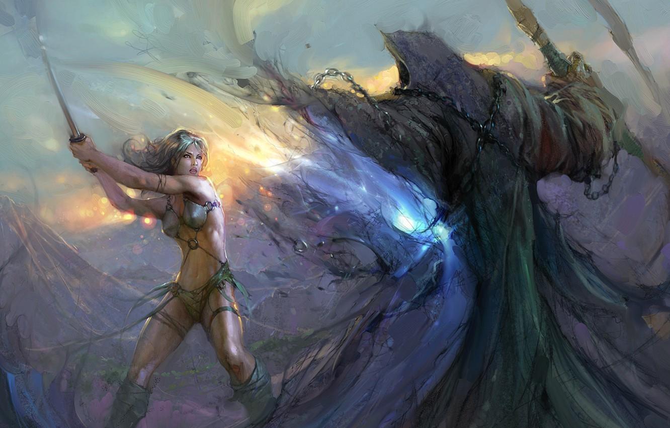 1332x850 Wallpaper light, girl, sword, fantasy, magic, weapon, Warrior, painting, artwork, wizard, fantasy art, drawing, chains, illustration, sorcerer, hood image for desktop, section фантастика