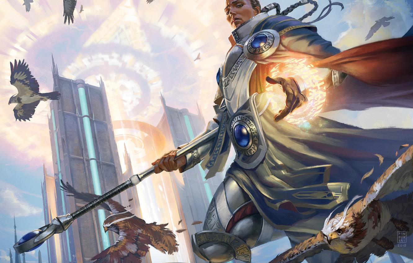 1332x850 Wallpaper birds, staff, Magic: The Gathering, Hugh Pindur, human wizard image for desktop, section игры