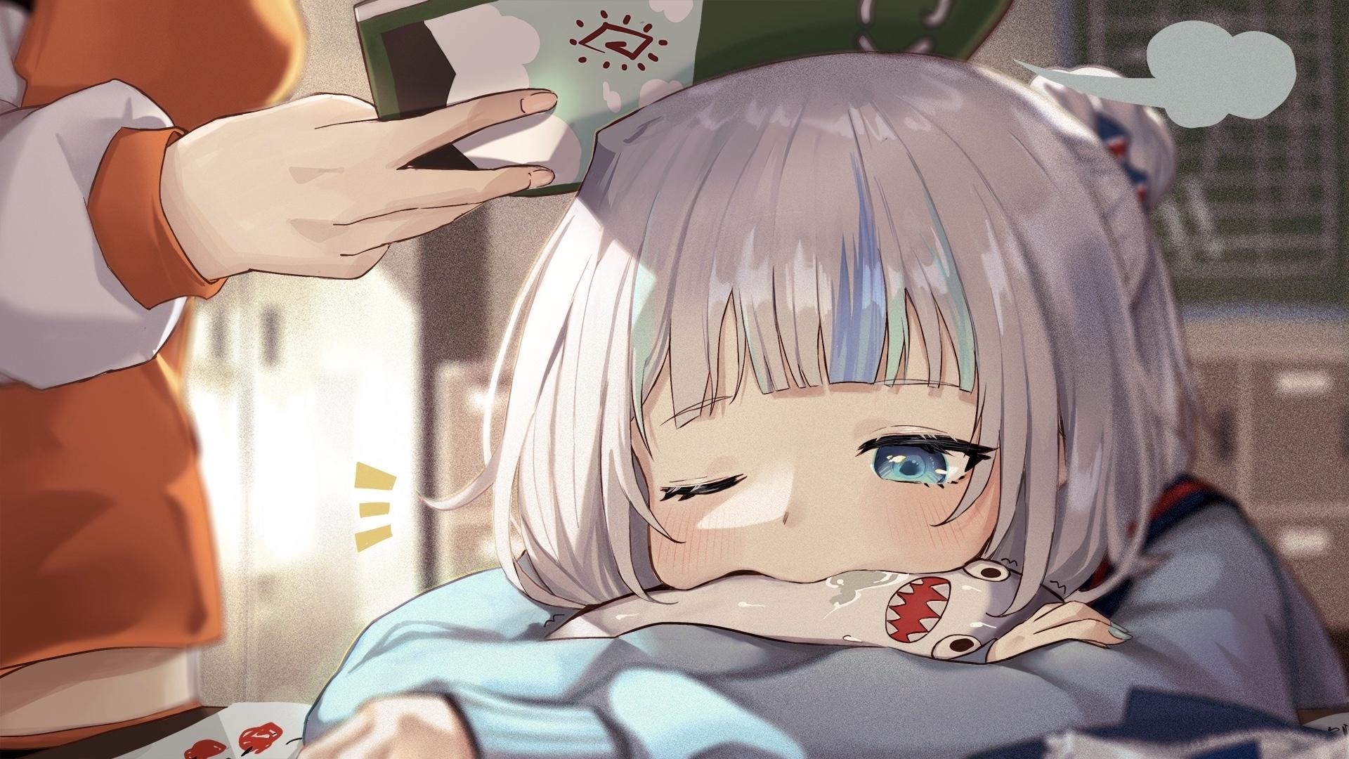 1920x1080 Wallpaper Hololive, Cute, Gawr Gura, Loli, Sleepy, Virtual Youtuber, White Hair, Takanashi Kiara:1920x1080