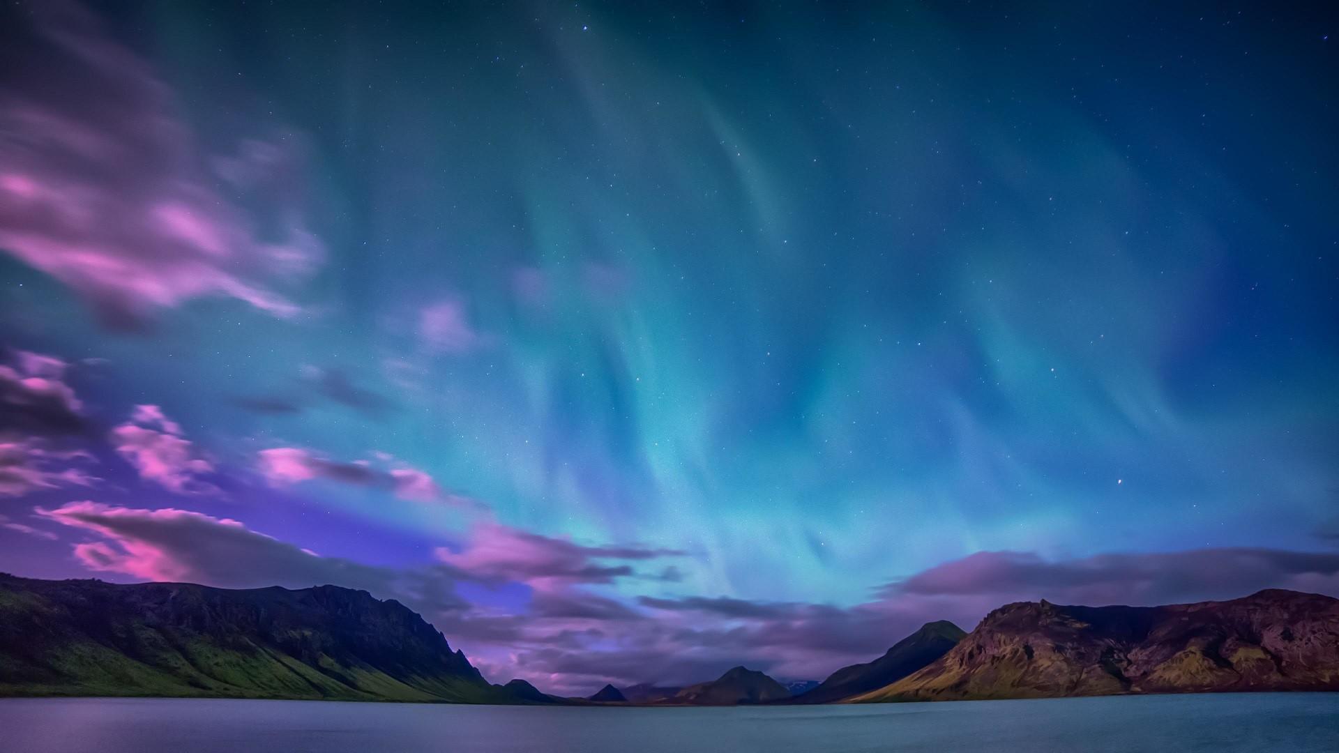 1920x1080 blue, aurorae, stars, sky, cyan, far view, nature, purple, night. Mocah HD Wallpaper
