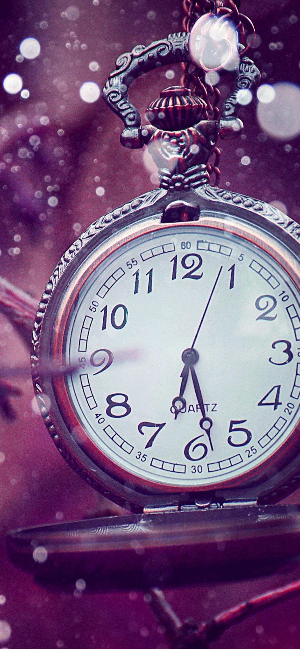 1242x2688 Pocket watch in the snowflakes macro wallpaper