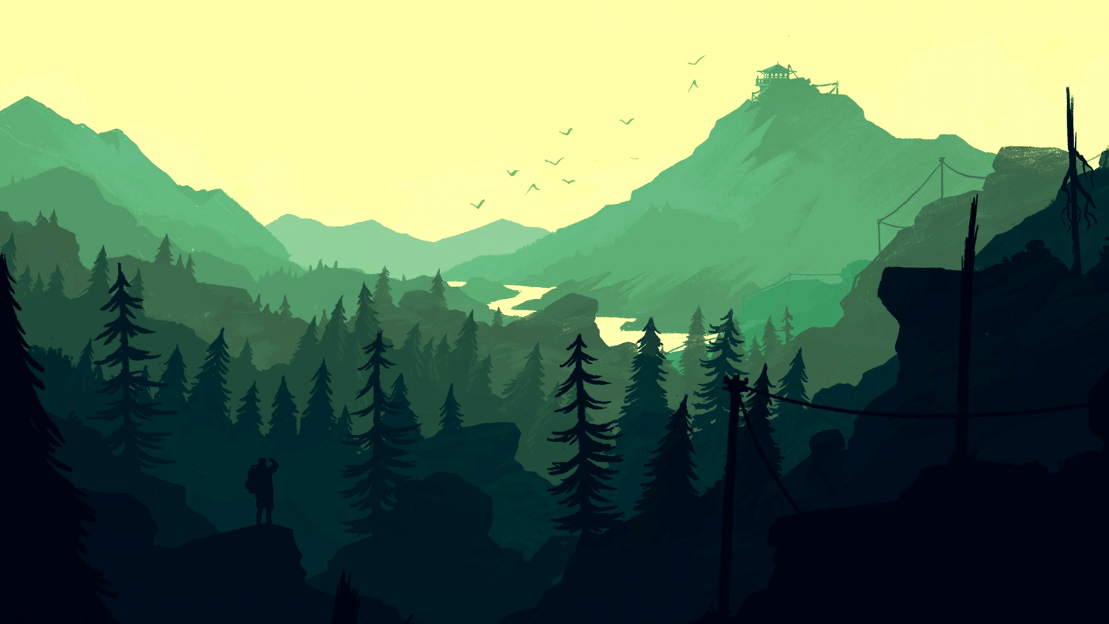 1600x900 landscape, illustration, video games, Firewatch, Terrain, mountain, dawn, plain, screenshot, atmospheric phenomenon, computer wallpaper, mountainous landforms, ecosystem, mountain range. Mocah HD Wallpaper