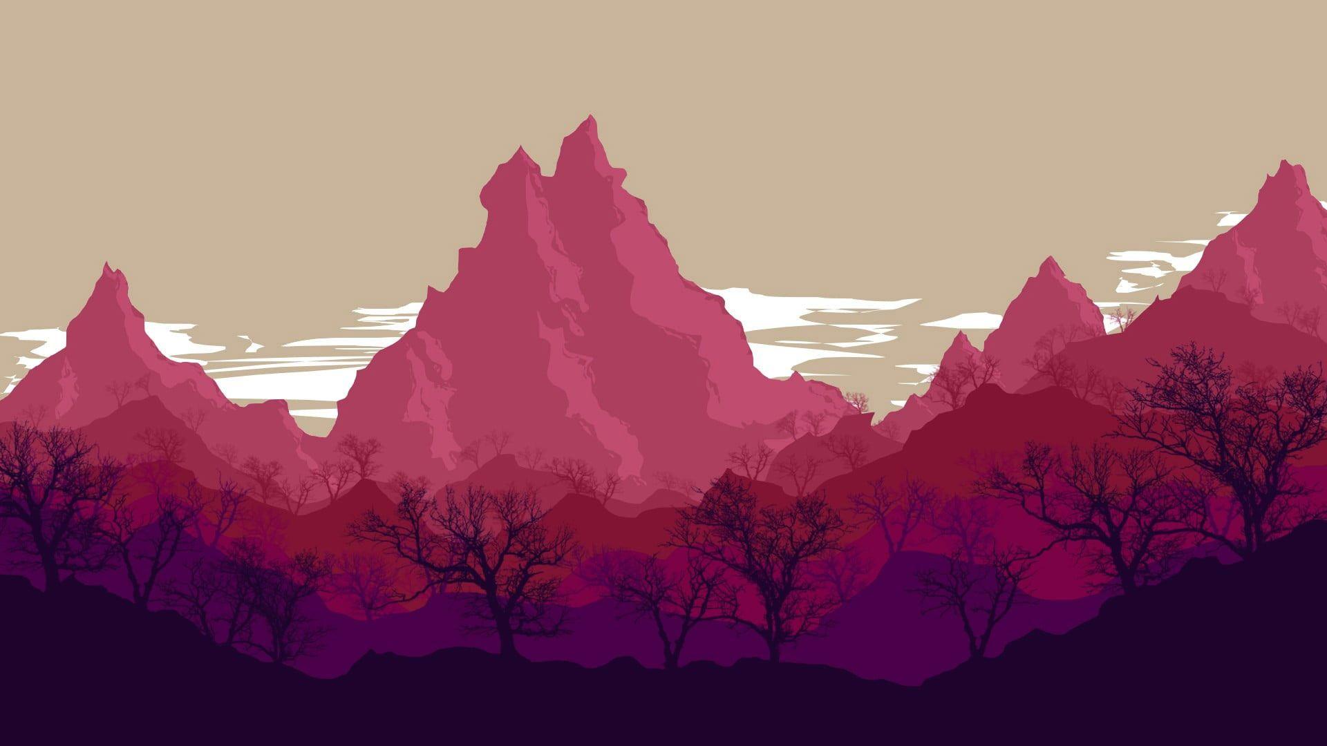 1920x1080 Silhouette of bared trees and pink mountains illustration, digital art wallpaper. Mountain illustration, Art wallpaper, Wallpaper