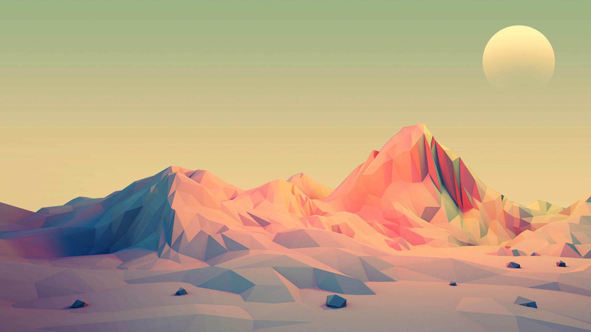 1920x1080 #low poly, #illustration, #Mark Kirkpatrick, #mountains, #minimalism, #Sun, wallpaper. Mocah HD Wallpaper