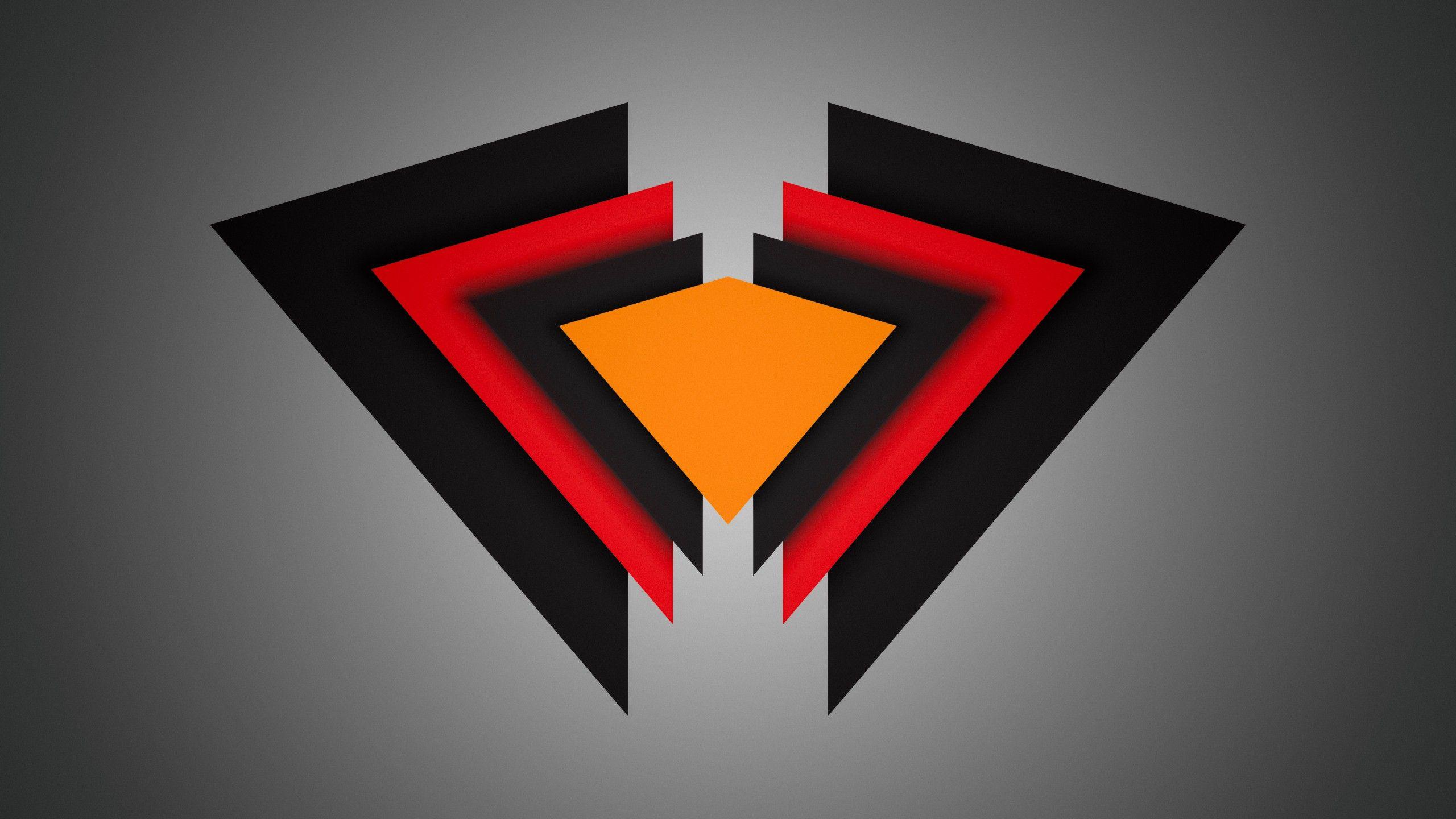 2560x1440 triangle, #material minimal, #red, #black, #orange, #vignette