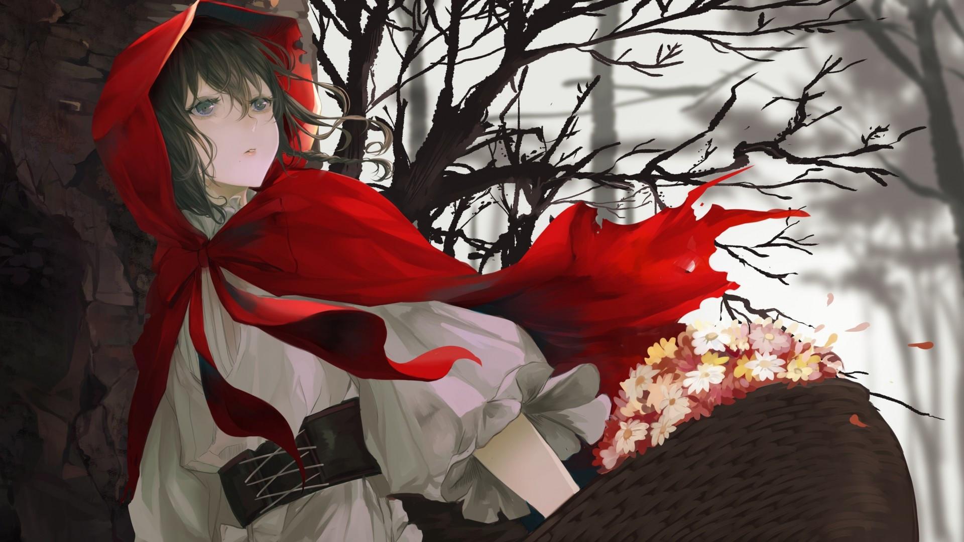 1920x1080 Download 1920x1080 Little Red Riding Hood, Anime Girl, Flowers Wallpaper for Widescreen