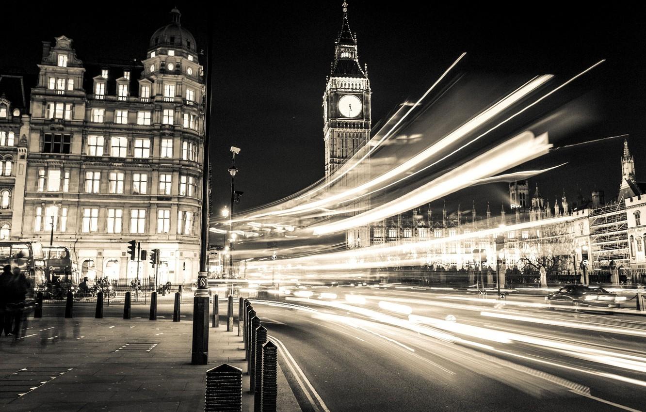 1332x850 Wallpaper road, light, machine, night, the city, people, street, England, London, building, excerpt, lighting, UK, Big Ben, black and white, architecture image for desktop, section город