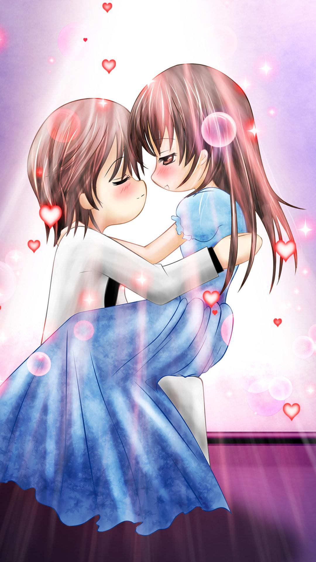 1080x1920 wallpaper romantis, cartoon, anime, cg artwork, interaction, long hair, hime cut, hug, brown hair, illustration, fictional character