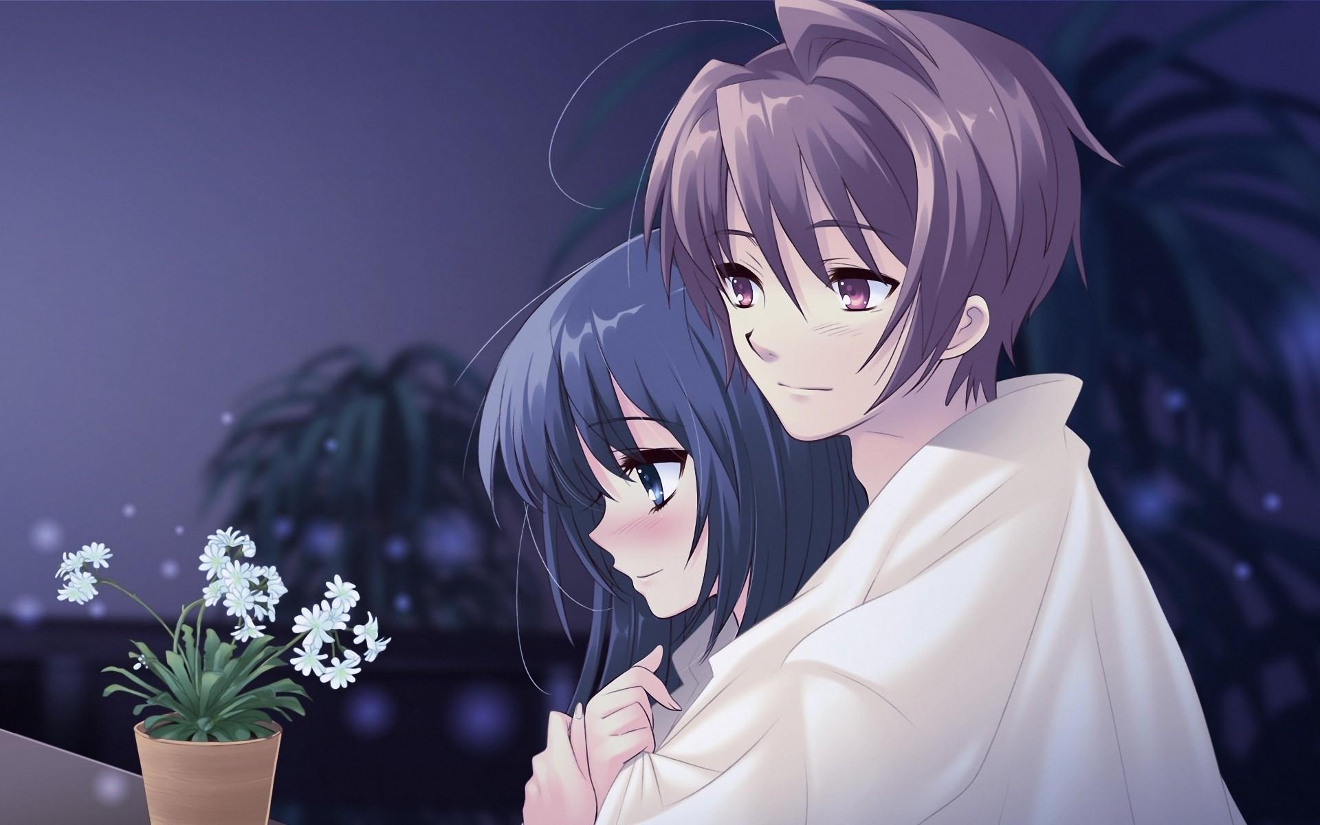1920x1200 Anime, Boy, Girl, Pot, Flower, Hug, Tenderness wallpaper