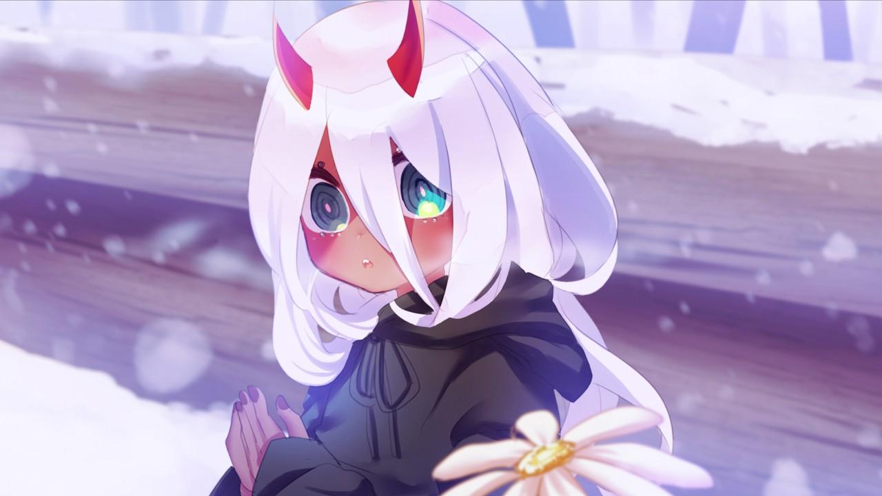1280x720 Darling In The FranXX Zero Two Hiro Small Girl Zero TWo With Background Of Snow Falling HD Anime Wallpaper