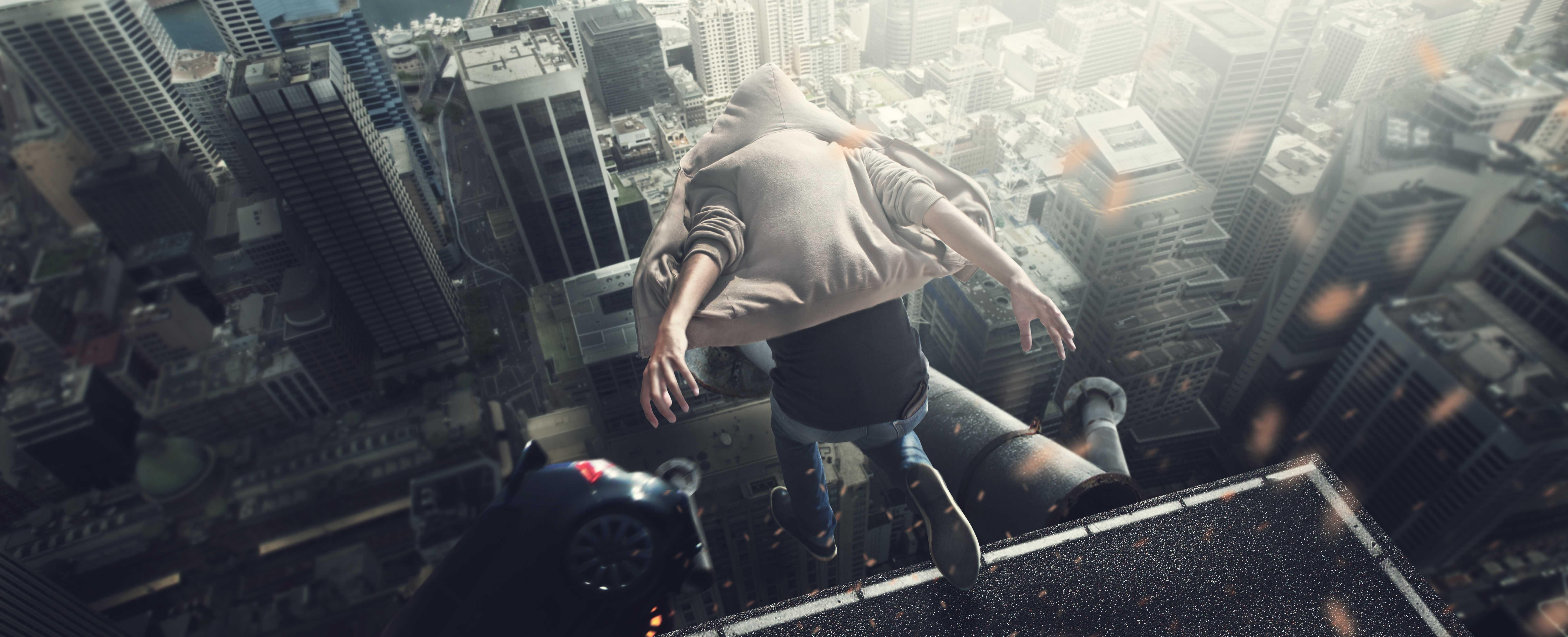 8000x3251 Building falling cityscape jumping wallpaperx3251
