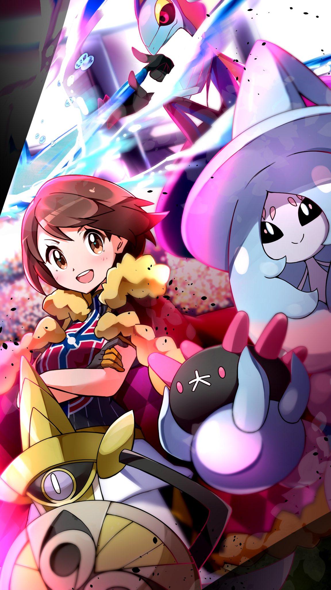 1152x2048 Safebooru Aegislash Bangs Blush Brown Eyes Brown Hair Cape Champion Uniform Commentary Request Crossed Arms Eyelashes Fur Trimmed Cape Fur Trim Gen 6 Pokemon Gen 7 Pokemon Gen 8 Pokemon Gloria