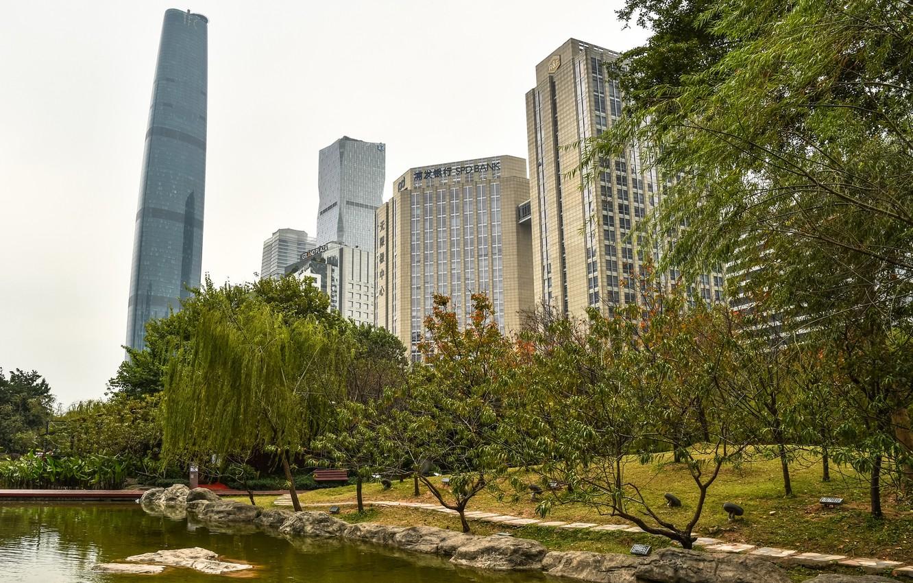 1332x850 Wallpaper trees, pond, Park, stones, building, home, skyscrapers, China, Guangzhou image for desktop, section город