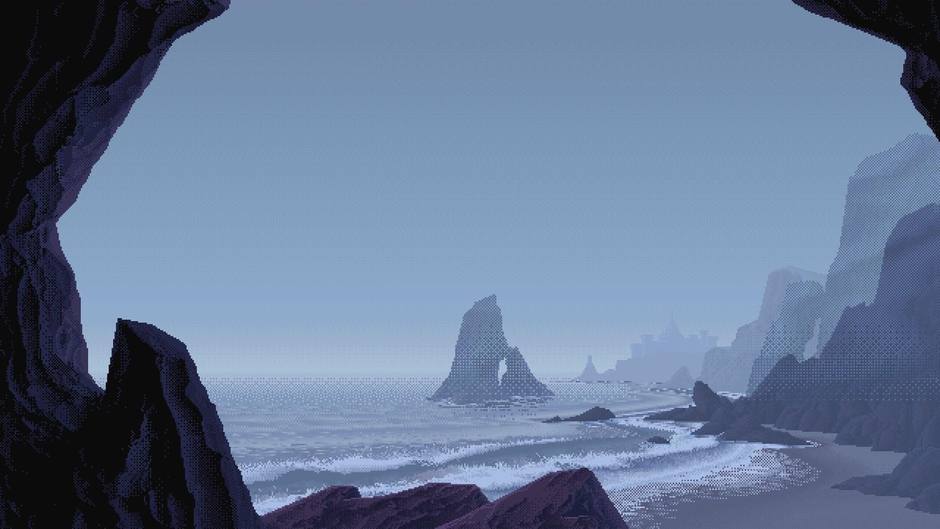 1920x1080 #digital art, #blue, #pixel art, #sea, #pixels, #beach, #rocks, wallpaper. Mocah HD Wallpaper