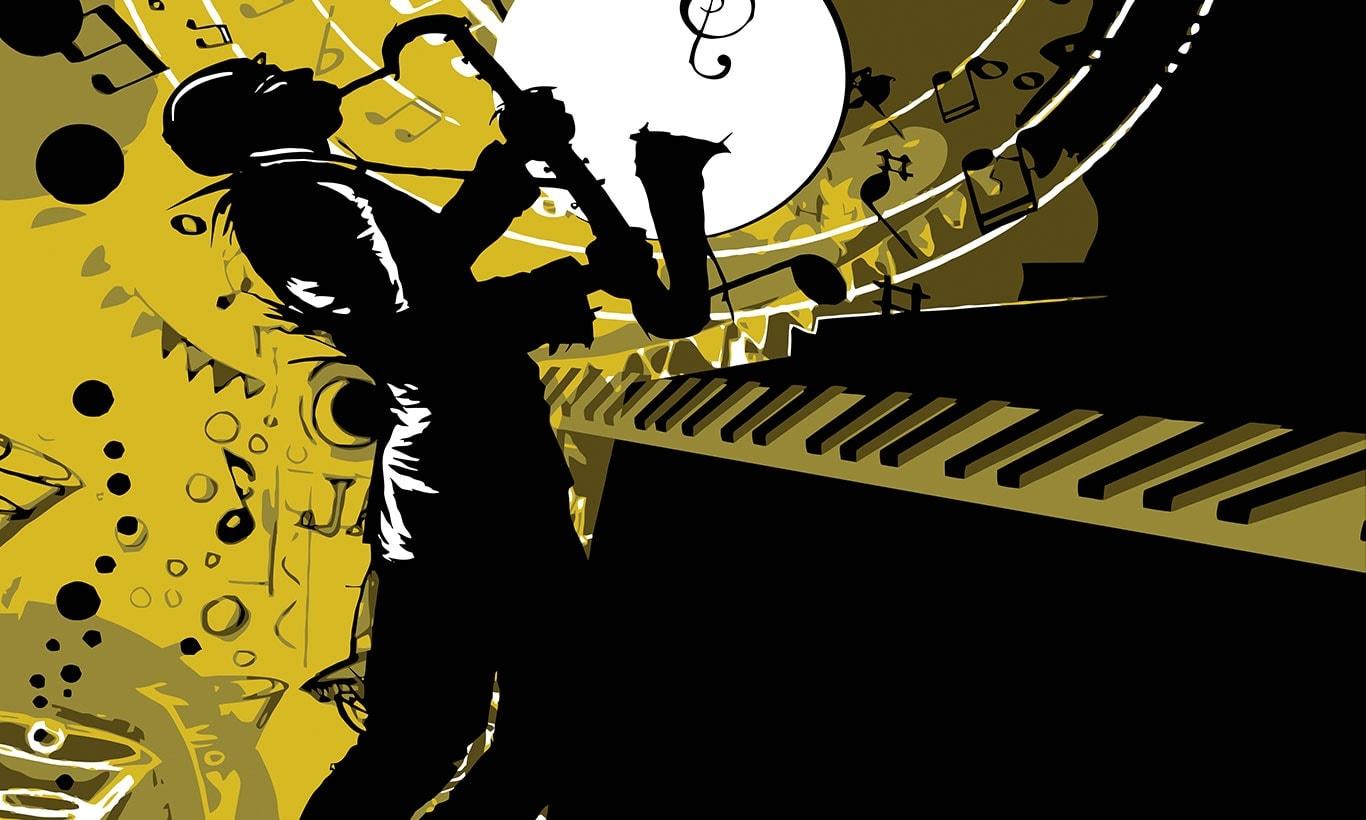 1366x820 Golden Musicians Sax and Piano Wallpaper