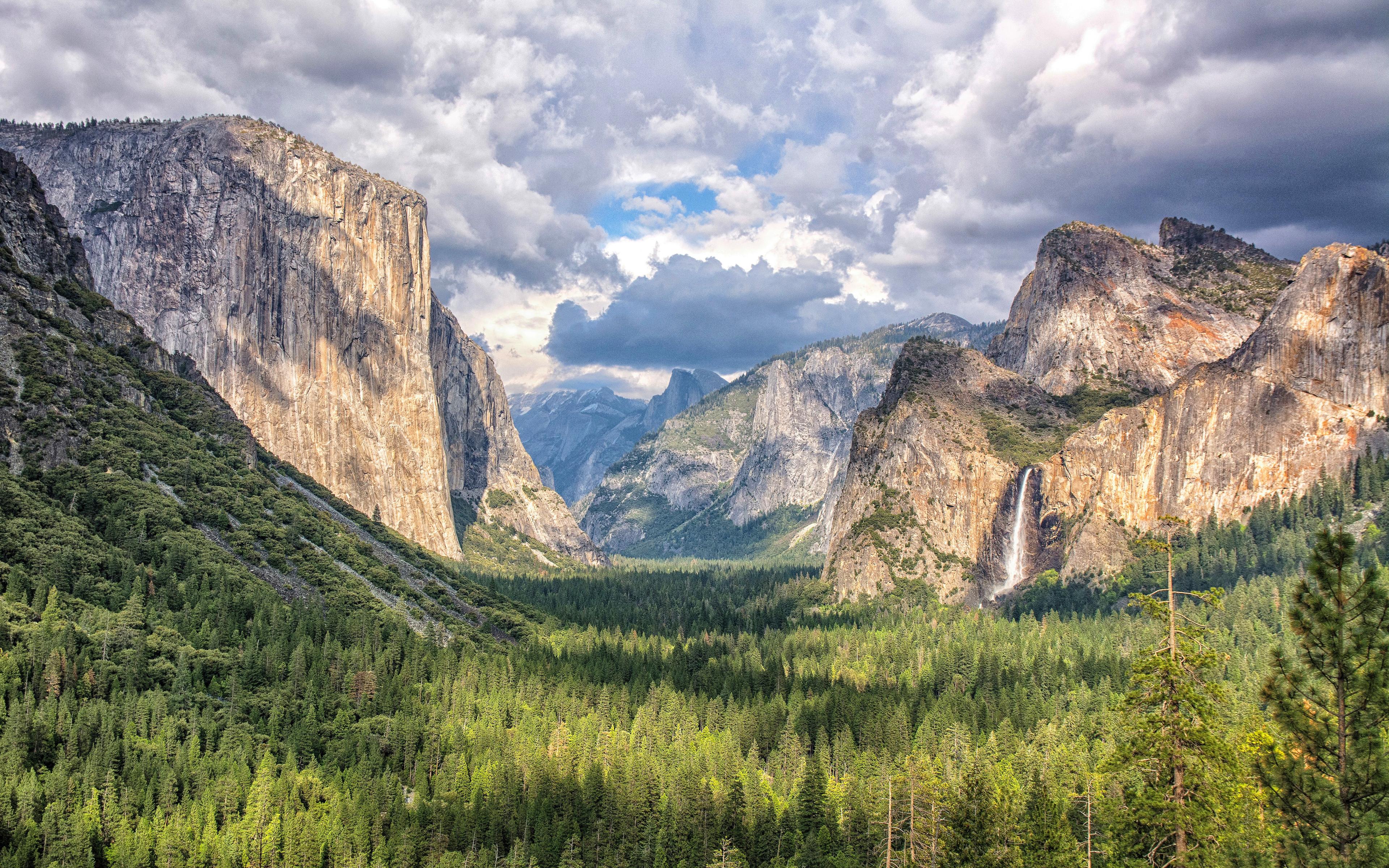 3840x2400 Download wallpaper Yosemite National Park, 4k, Yosemite Valley, american landmarks, clouds, forest, California, USA, America for desktop with resolution 3840x2400. High Quality HD picture wallpaper