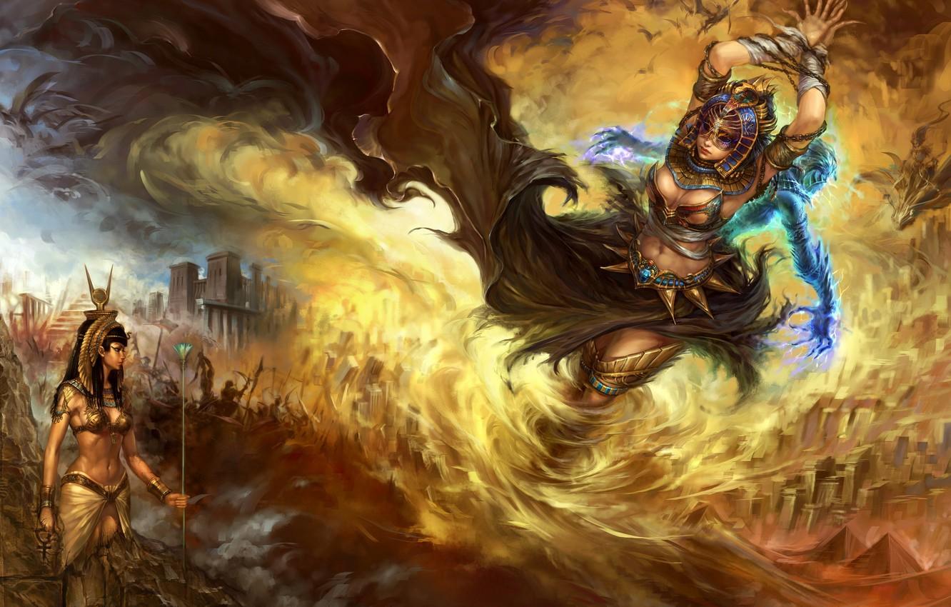 1332x850 Wallpaper girl, fire, magic, Pharaoh, Egypt, battle, forsaken world, Queen, shackles image for desktop, section фантастика