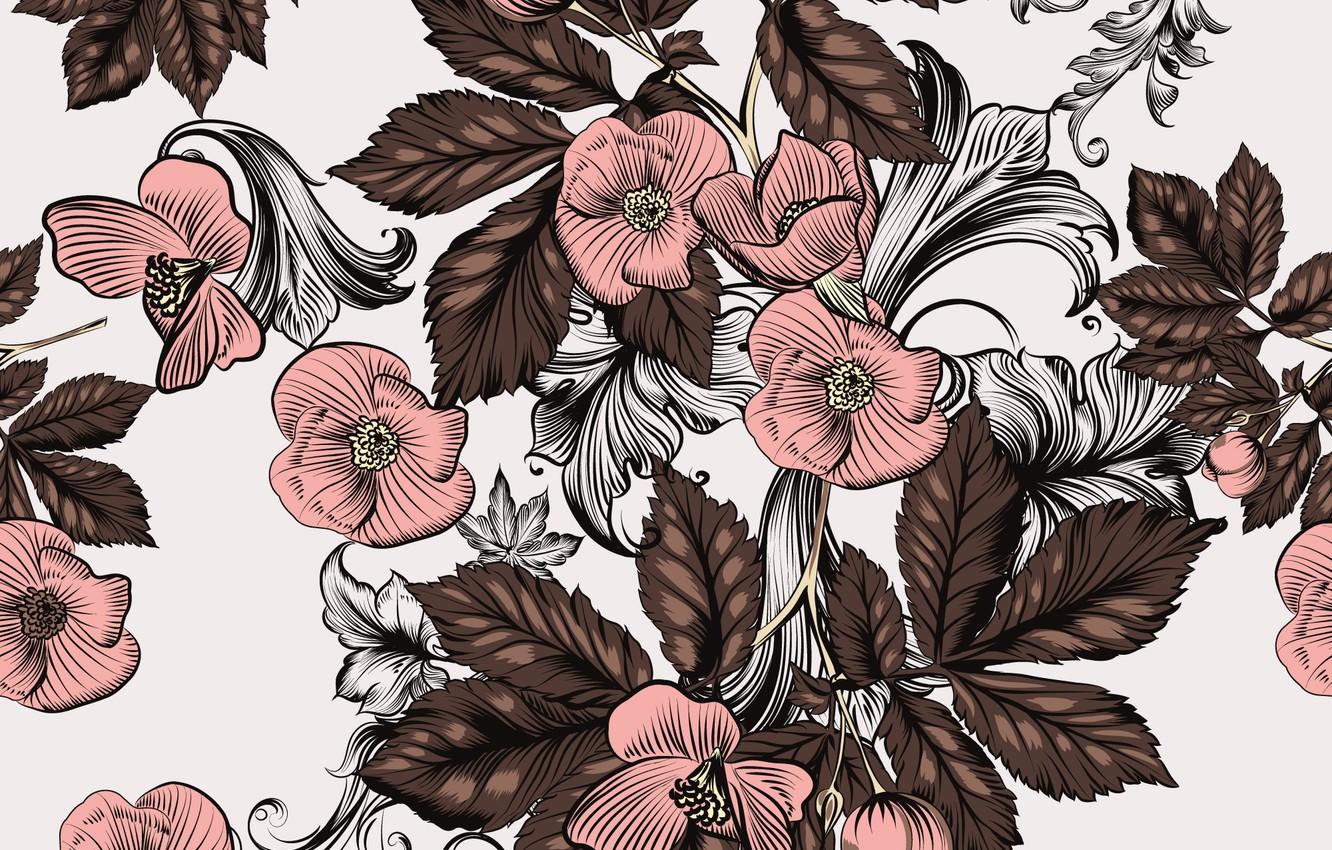 1332x850 Wallpaper flowers, retro, background, pink, pattern, brown, vintage image for desktop, section текстуры