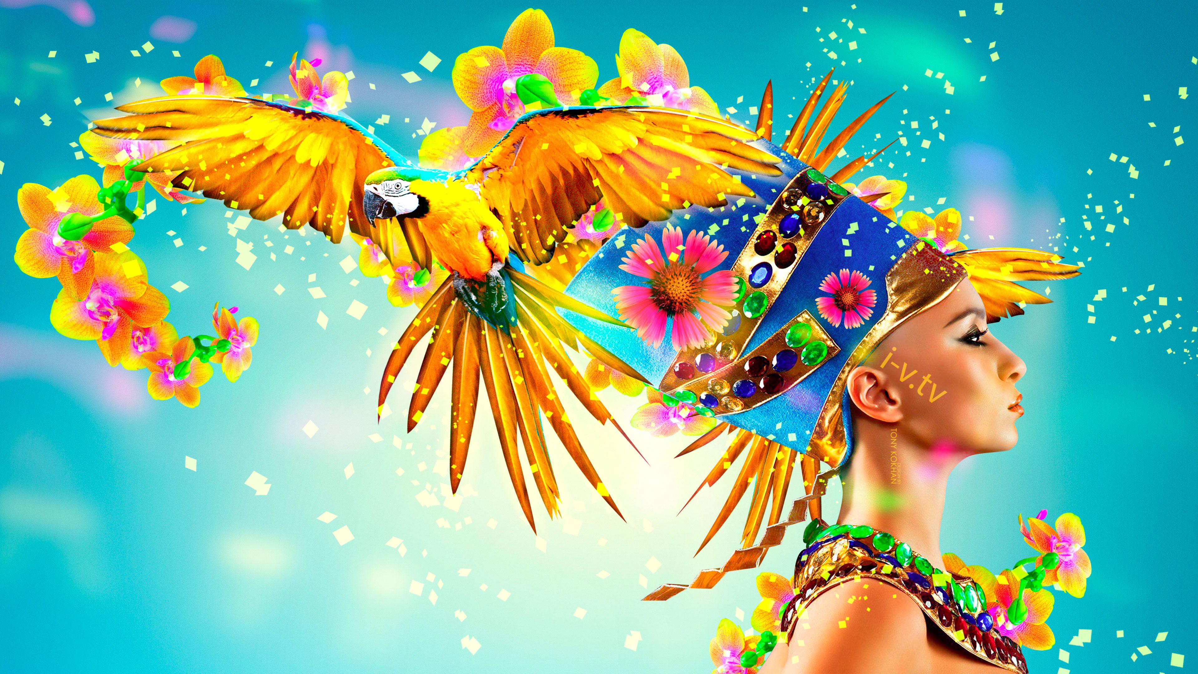 3840x2160 Egyptian Princess Girl Flowers Head Parrot Fly Style 2015 Creative Wallpaper