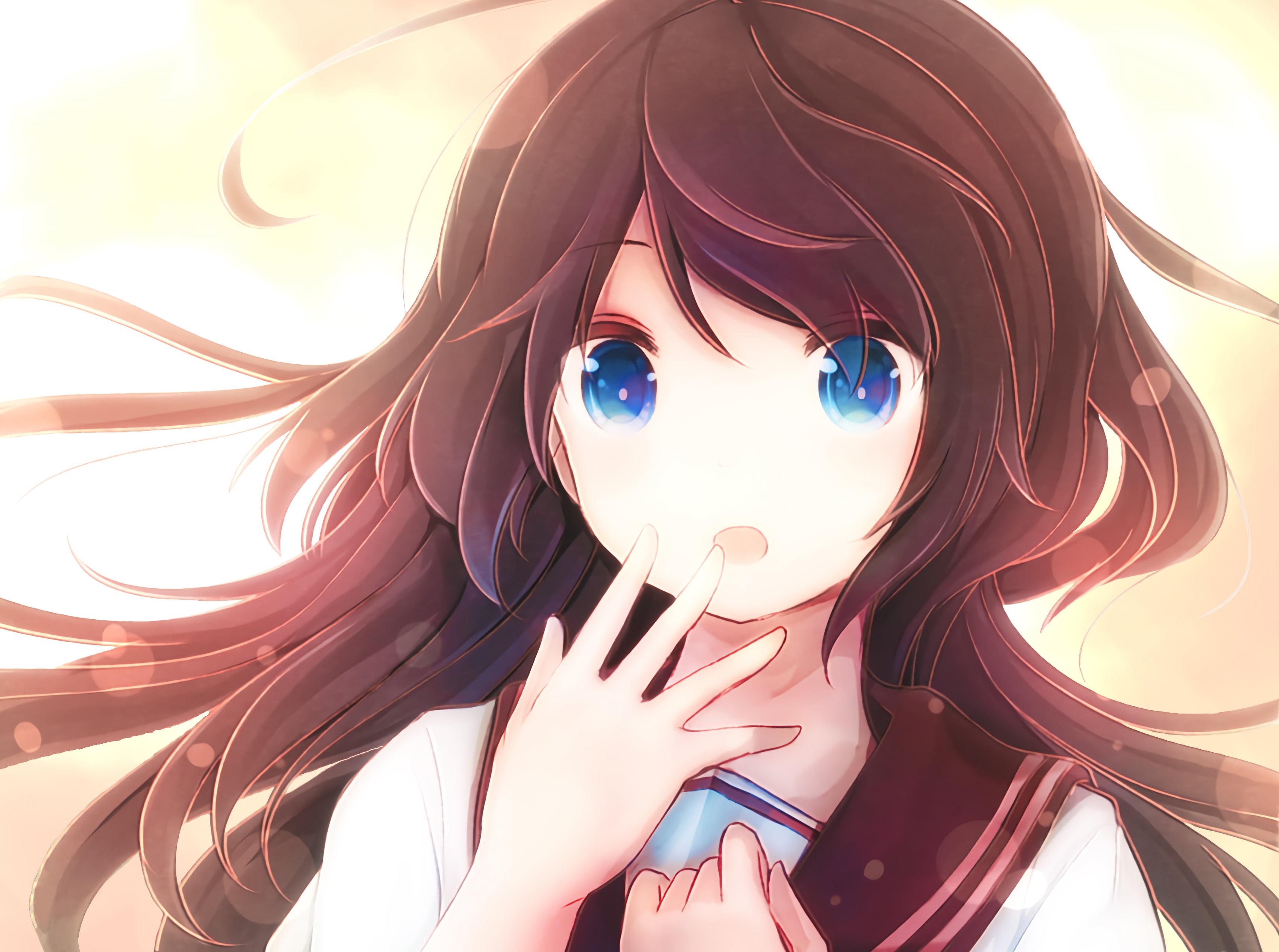 pretty anime girl with brown hair and blue eyes
