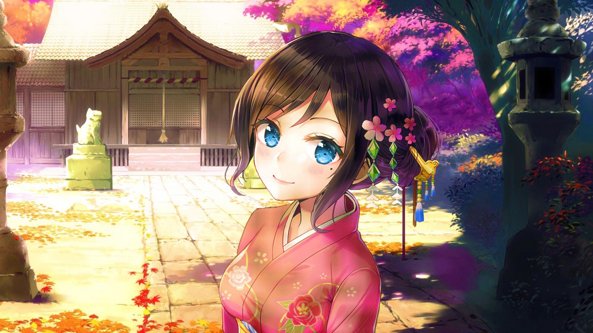 1920x1080 Desktop wallpaper blue eyes, cute, anime girl, original, traditional clothes, HD image, picture, background, 3b208c