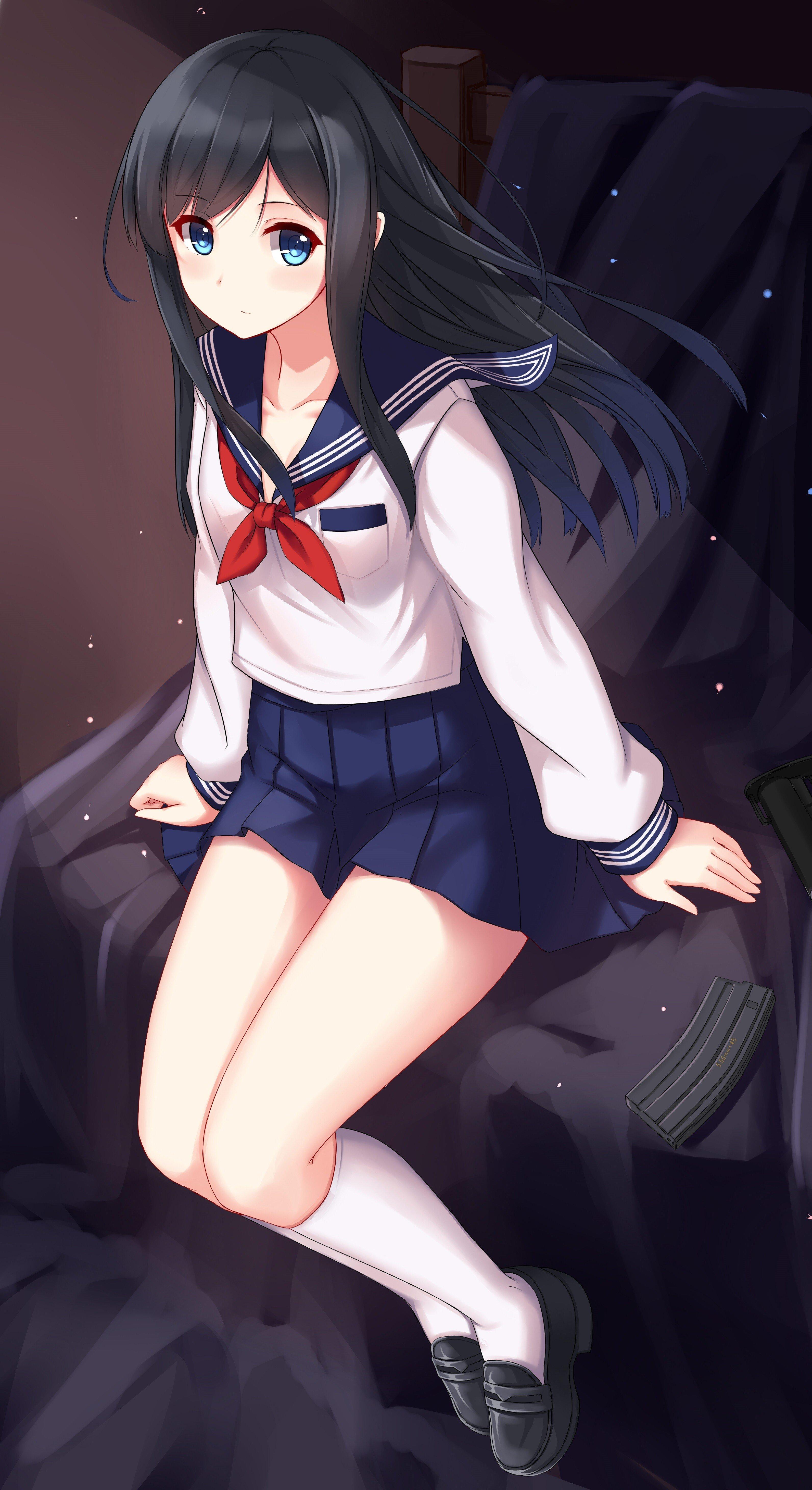 3184x5840 blue eyes anime girls school uniform long black hair wallpaper