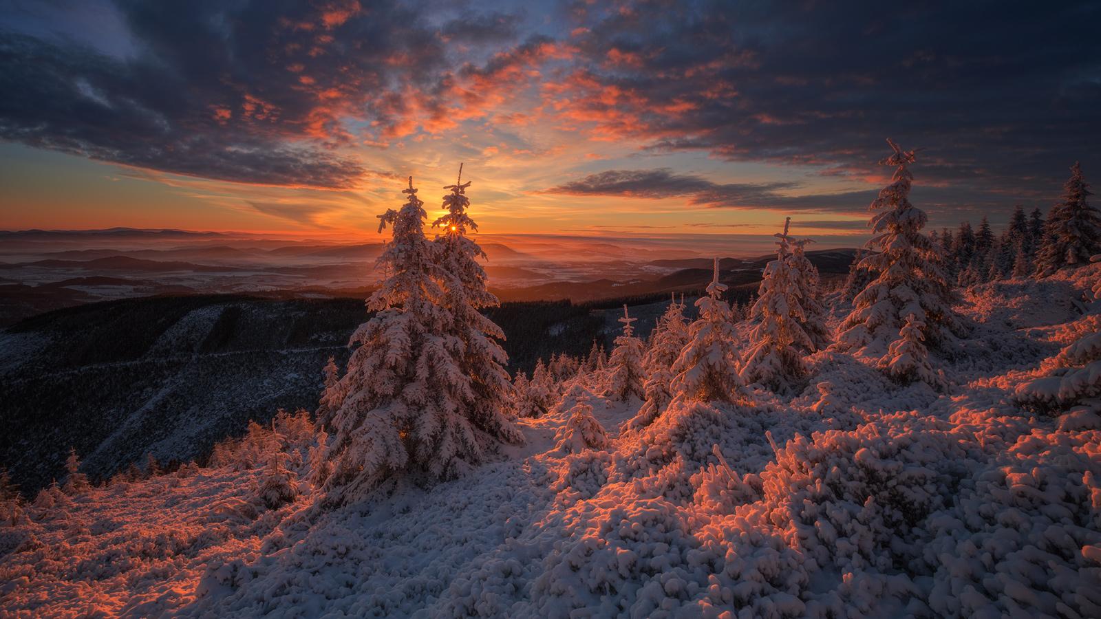 1600x900 Nature Sunset Sun Sunlight Landscape Snow Clouds Winter Wallpaper:1600x900