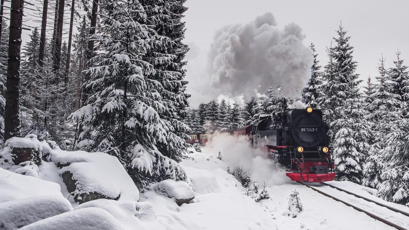 1600x900 Download 1600x900 Steam Train, Snow, Winter, Trees Wallpaper