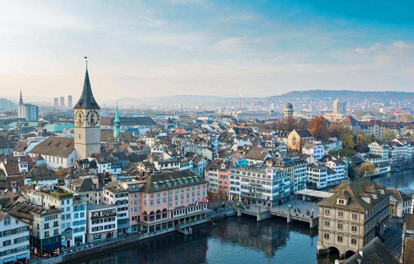 1332x850 Wallpaper lake, tower, home, Switzerland, panorama, Zurich image for desktop, section город
