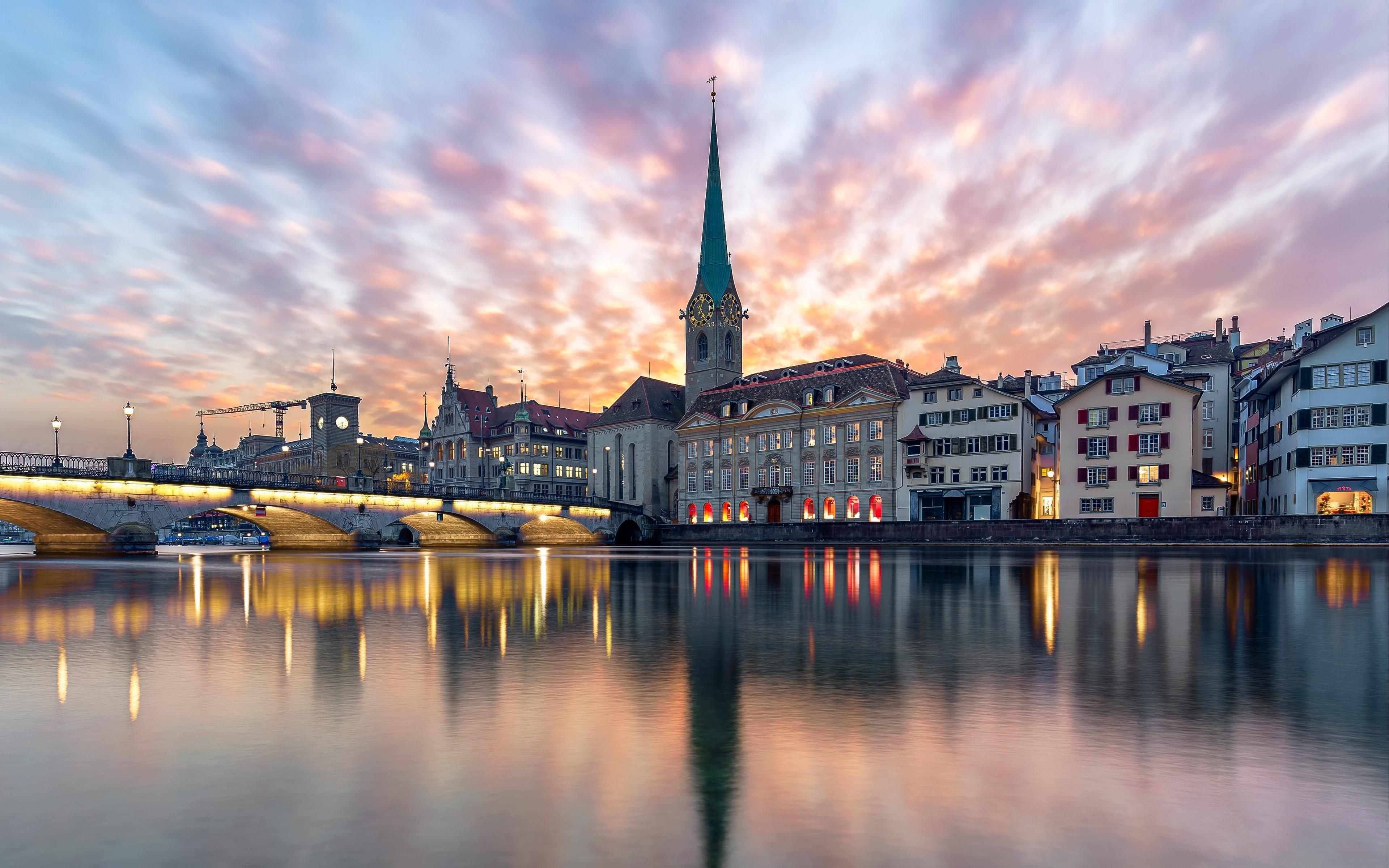 3840x2400 4K, Switzerland, Zurich, Houses, Evening, Rivers, Bridges, Church, Reflection. Mocah HD Wallpaper
